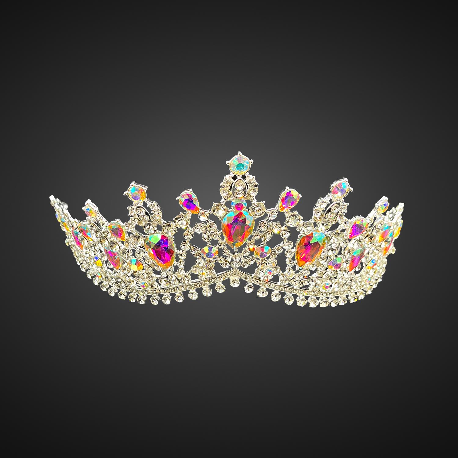 Intricate Crown with Iridescent Teardrop and Round Gem Accents on a Detailed Filigree Band - Style CR1002 image