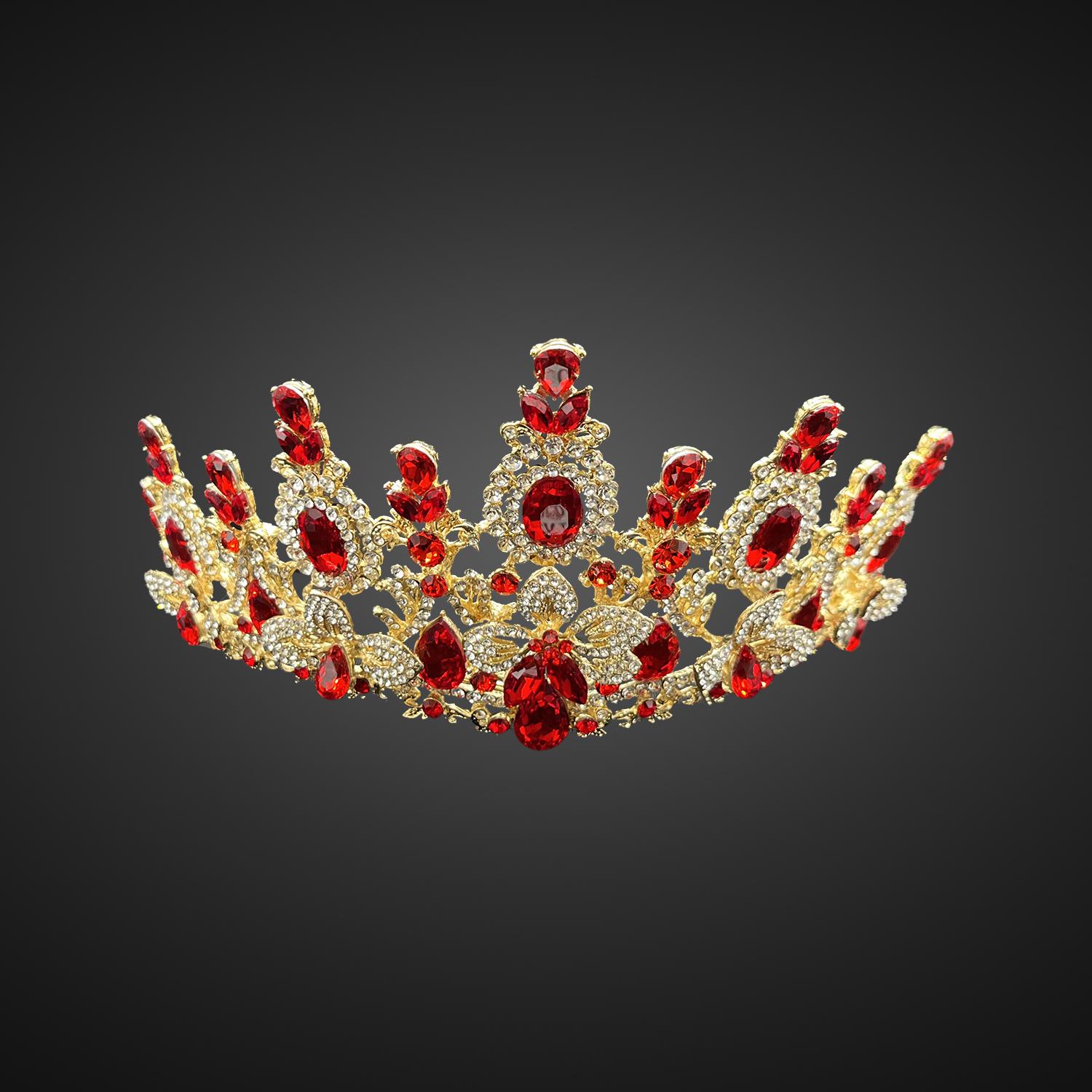 Regal Crown with Teardrop Gemstones and Intricate Filigree Design, Embellished with Round Crystals - Style CR1013 image