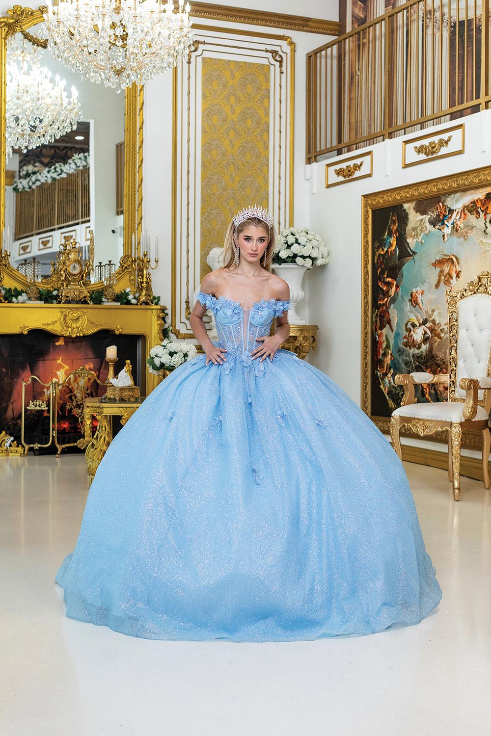 Off-the-Shoulder Quinceanera Dress with Sheer Corset Bodice, Floral Appliques, and Glitter Tulle Ball Gown Skirt - Style 1933 image