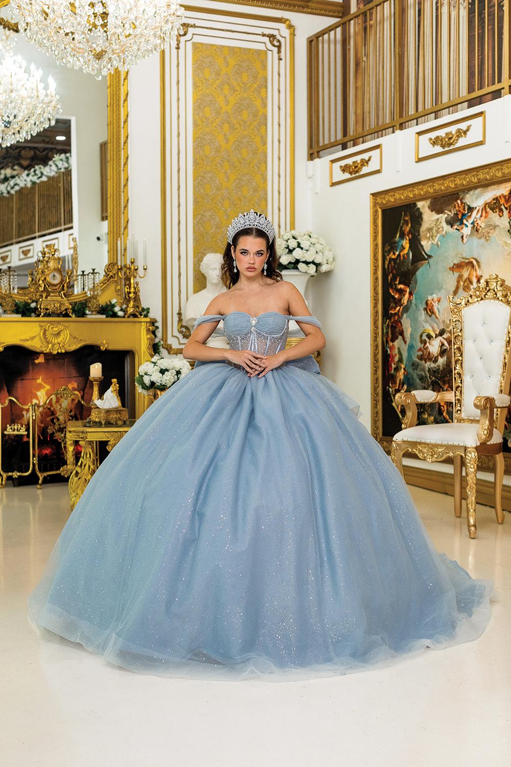 Strapless Quinceanera Dress with Off-Shoulder Sleeves, Sheer Corset Bodice, and Sparkling Ball Gown Skirt - Style 1996 image