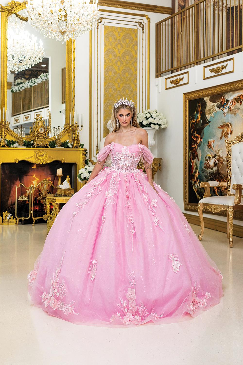 Quinceanera Dress with Off-Shoulder Puffy Sleeves, 3D Floral Appliques, Embroidered Corset Bodice, and Glittering Ball Gown Skirt - Style 1998 image