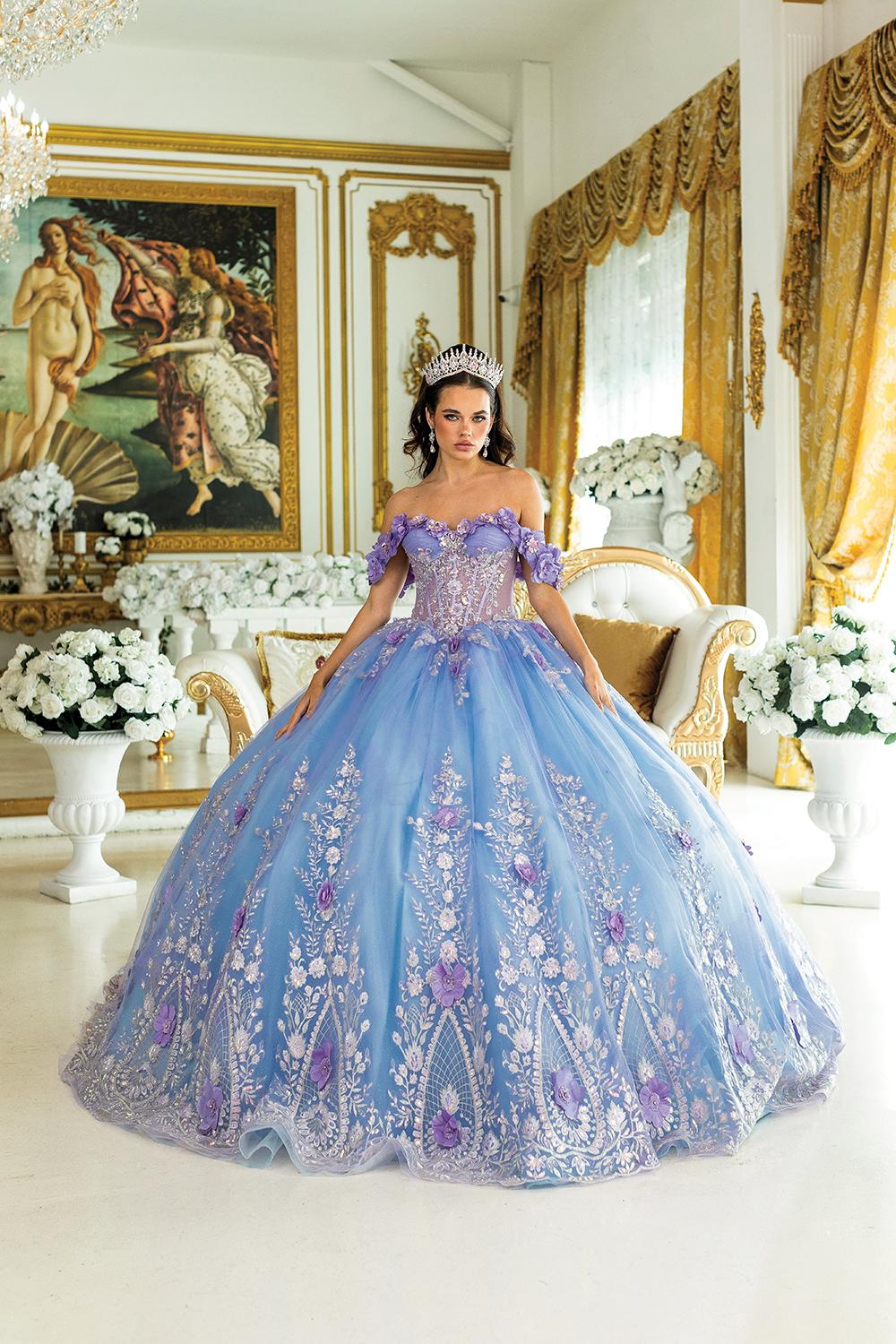 Quinceanera Dress with Off-Shoulder Floral Applique Sleeves, Intricate Embroidered Corset Bodice, 3D Flower Details, and Layered Ball Gown Skirt - Style 1999