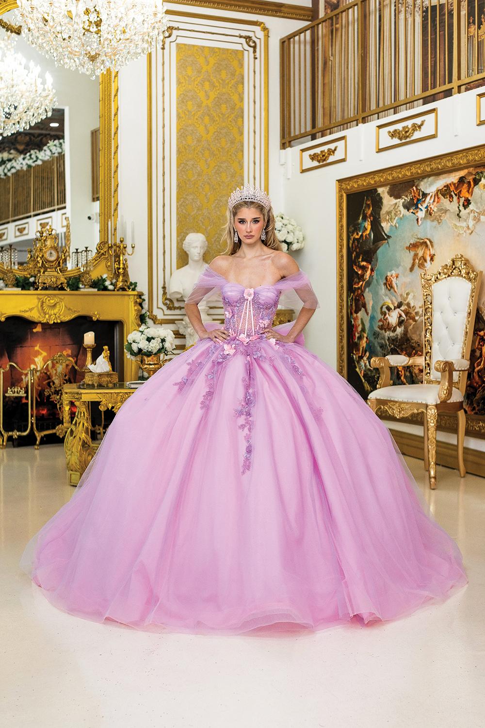 Quinceanera Dress with Off-the-Shoulder Sheer Sleeves, Delicate Floral Embroidery, 3D Appliques, Corset Bodice, and Full Layered Tulle Ball Gown Skirt - Style 5007 image