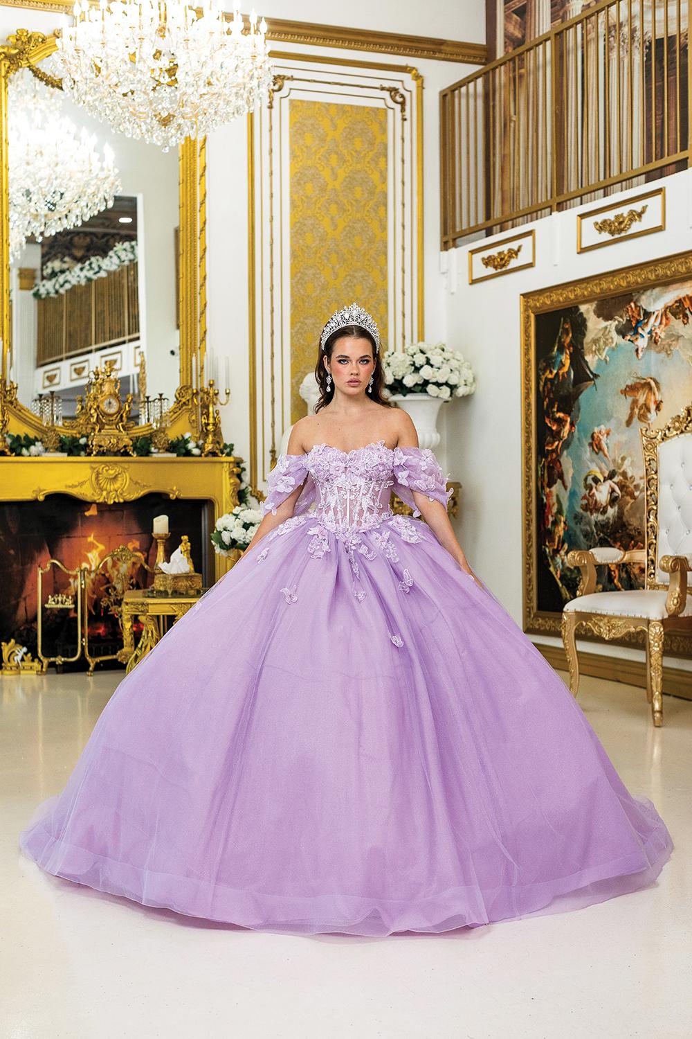 Quinceanera Dress with Off-the-Shoulder Sleeves, Floral 3D Appliques, Sheer Corset Bodice, and Full Tulle Ball Gown Skirt - Style 5008 image