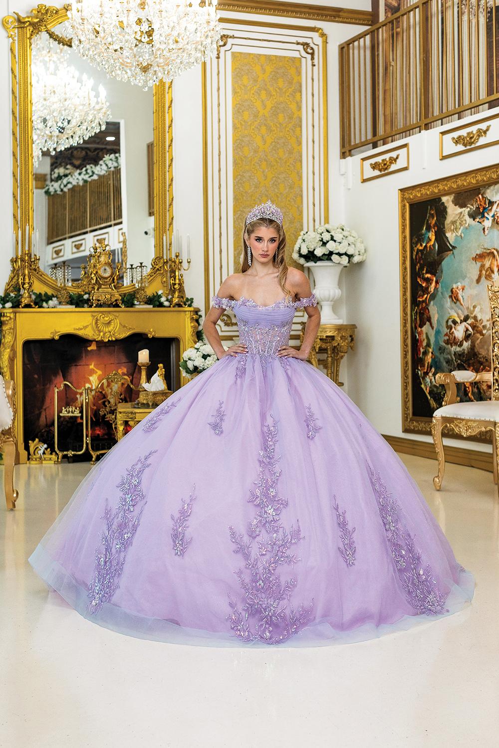 Quinceanera Dress with Intricate Floral Appliques, Off-Shoulder Design, and Sparkling Ball Gown Skirt - Style 5011 image