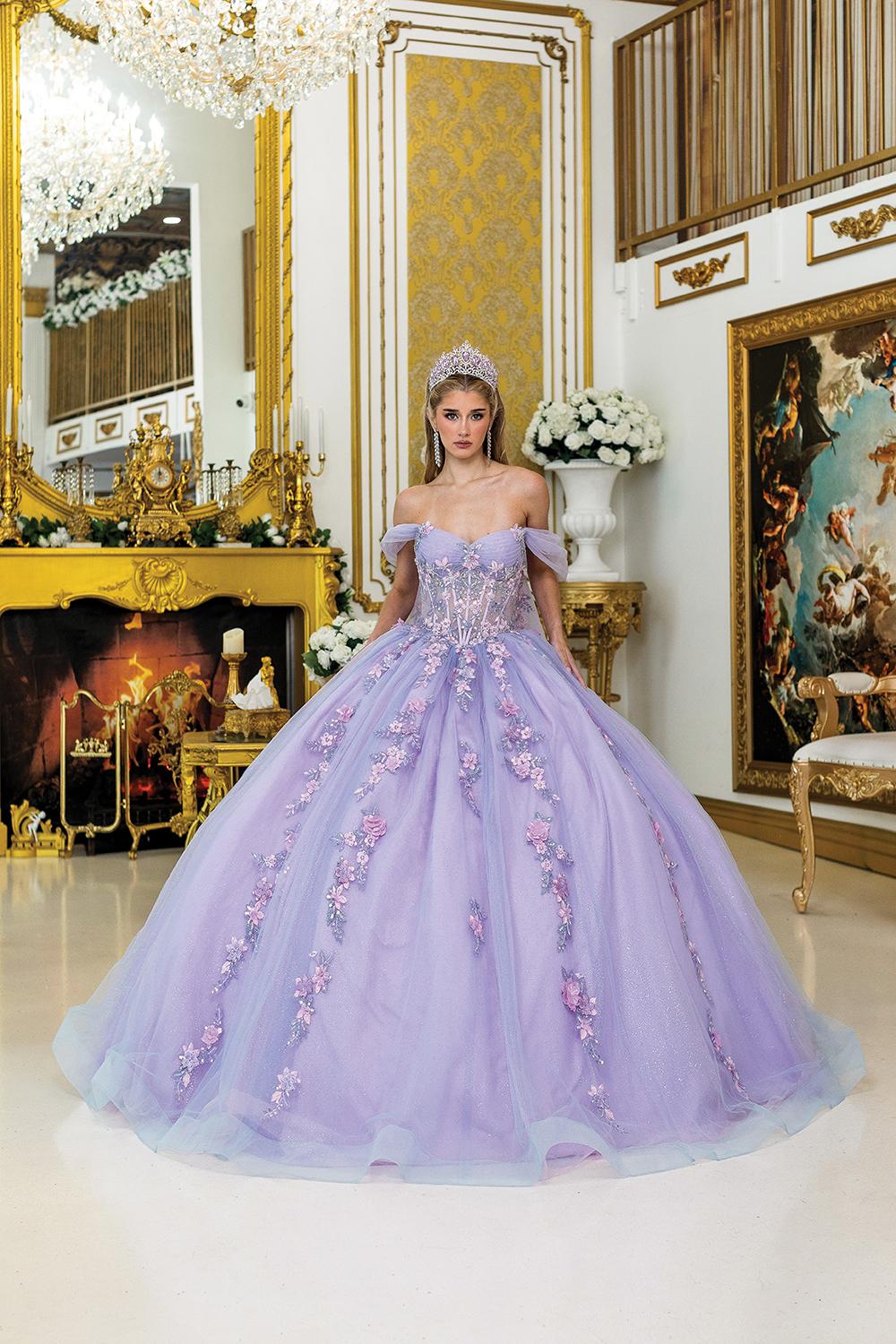 Quinceanera Dress with 3D Floral Appliques, Sheer Corset Bodice, and Puffy Off-Shoulder Sleeves - Style 5012 image