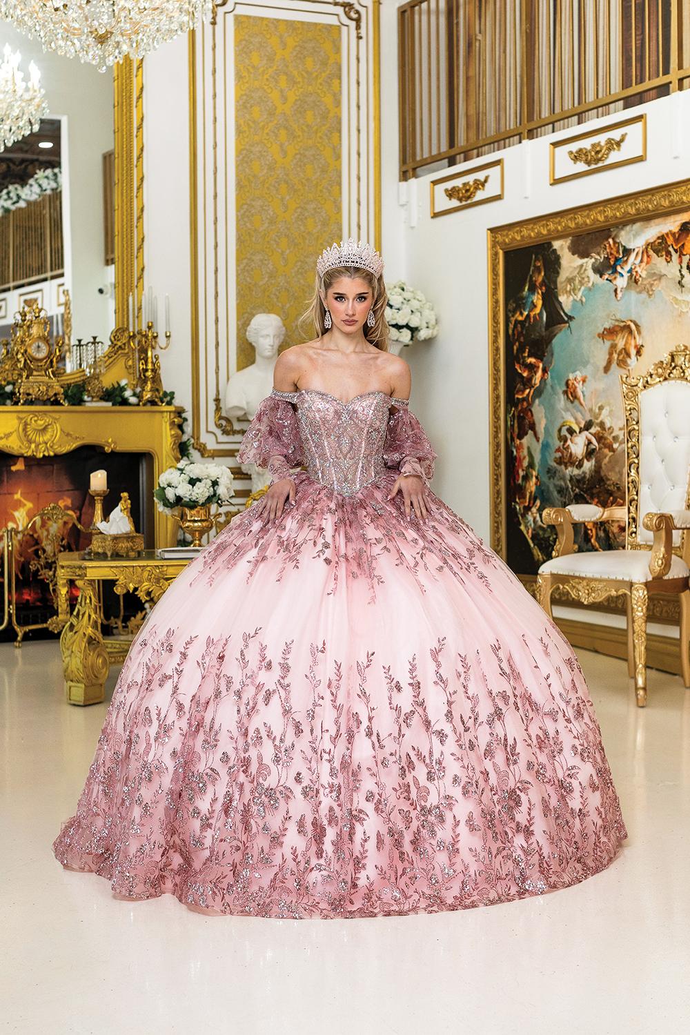 Quinceanera Dress with Off-Shoulder Sleeves, Intricate Embroidery, Glitter Accents, and Full Ball Gown Skirt - Style 5019 image