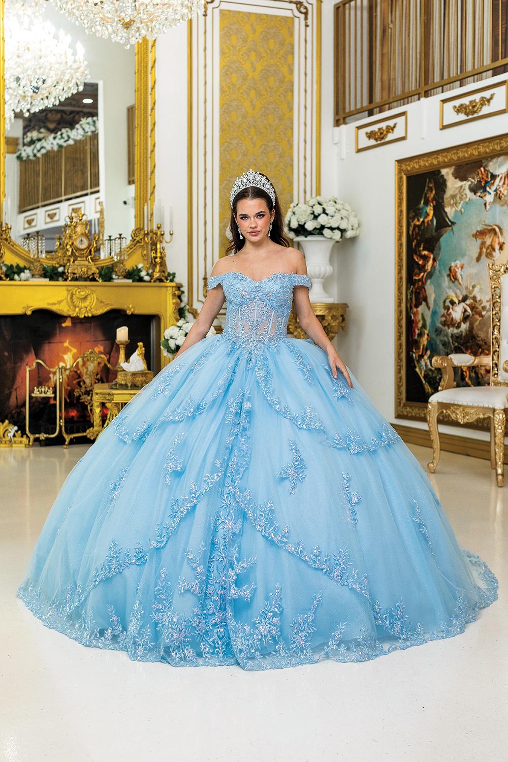 Quinceanera Dress with Off-Shoulder Design, Intricate Floral Appliques, Glitter Embellishments, and Full Layered Tulle Skirt - Style 5024 image