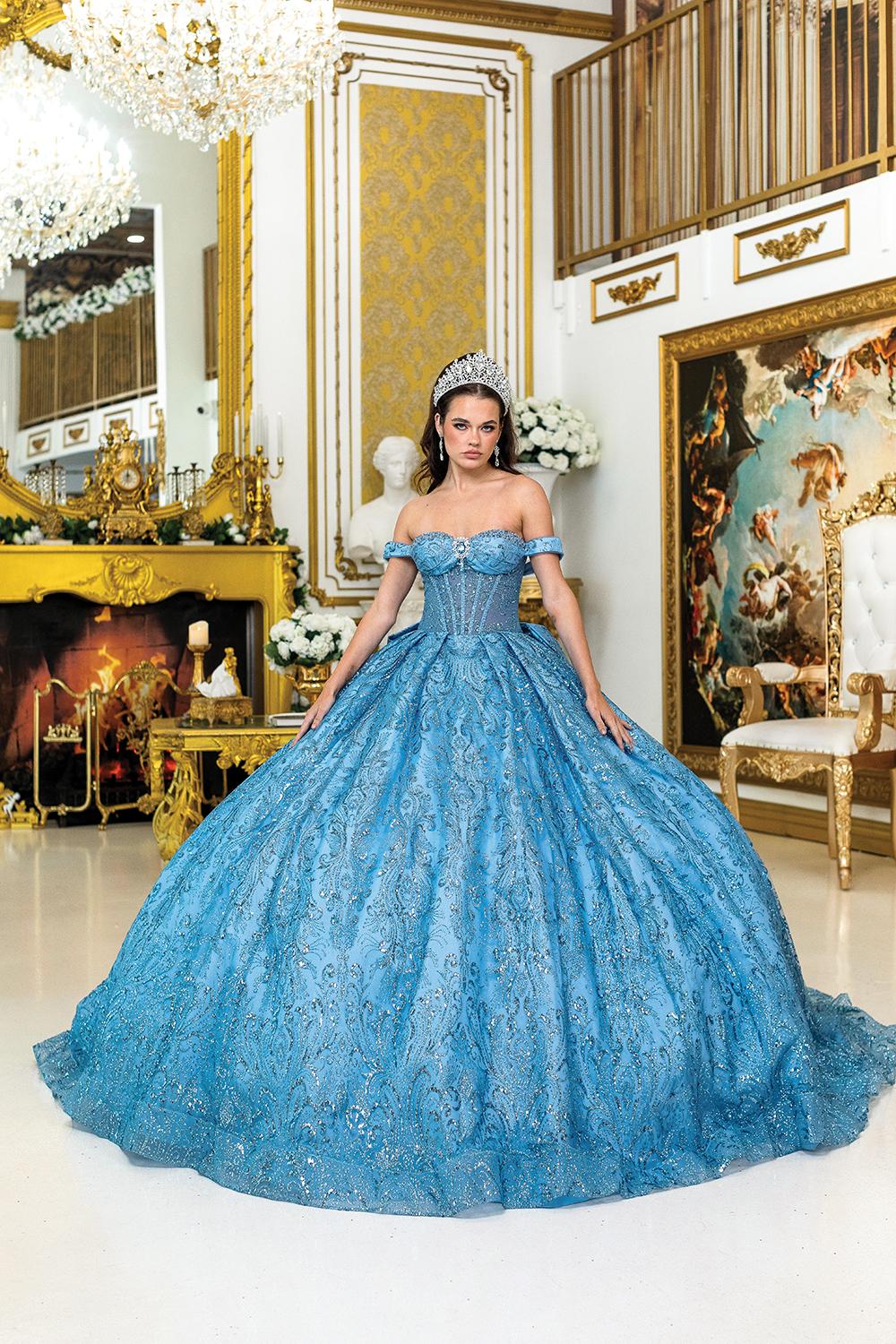 Quinceanera Dress with Off-Shoulder Design, Beaded Corset Bodice, Glitter Tulle Skirt, and Elegant Embroidery Details - Style 5043