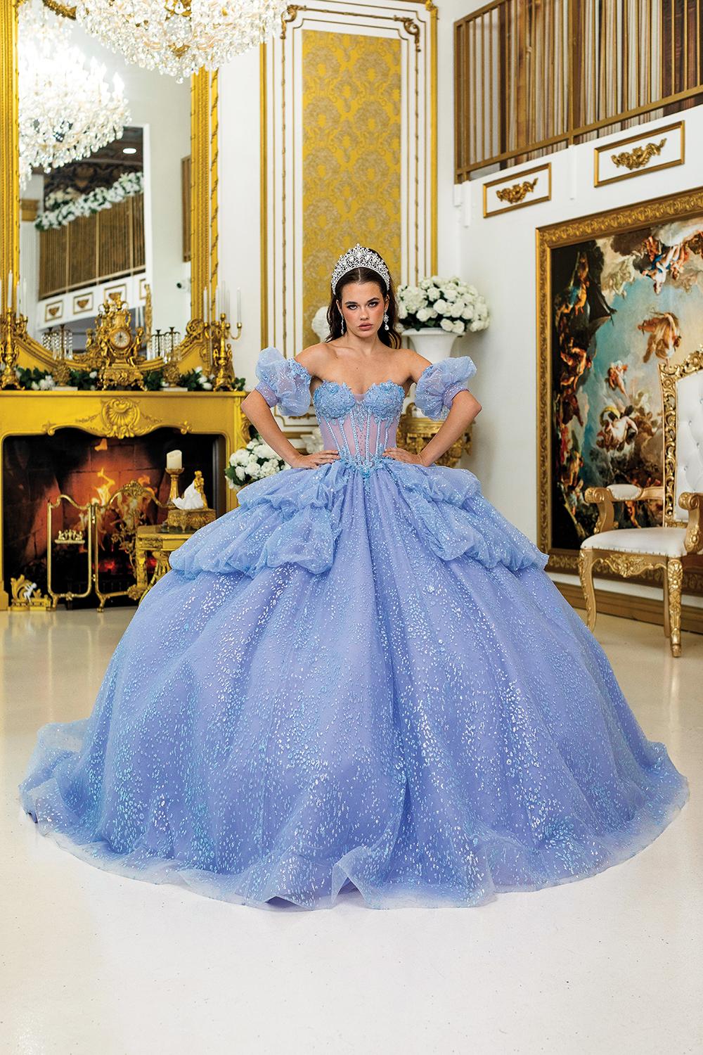 Quinceanera Dress with Off-Shoulder Puffy Sleeves, Glitter Corset Bodice, Appliques Details, and Layered Ball Gown Skirt - Style 5050 image