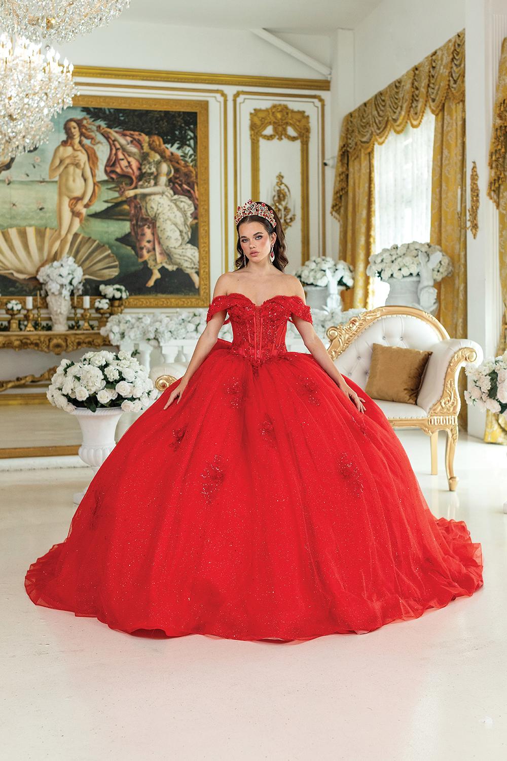 Quinceanera Dress with Off-Shoulder Sleeves, Corset Bodice, Beaded Embellishments, Glitter Tulle Ball Gown Skirt, and Floral Applique Accents - Style 5053 image