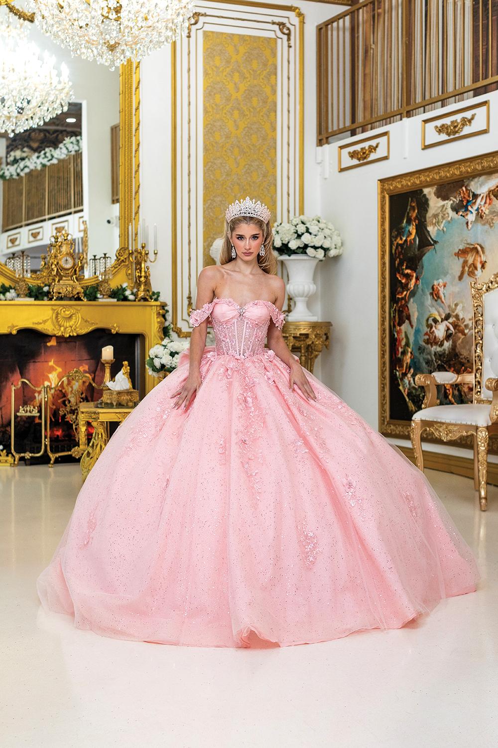 Off-the-Shoulder Glitter Tulle Quinceanera Dress with Floral Appliqued Corset Bodice and Layered Ball Gown Skirt - Style 5056 image