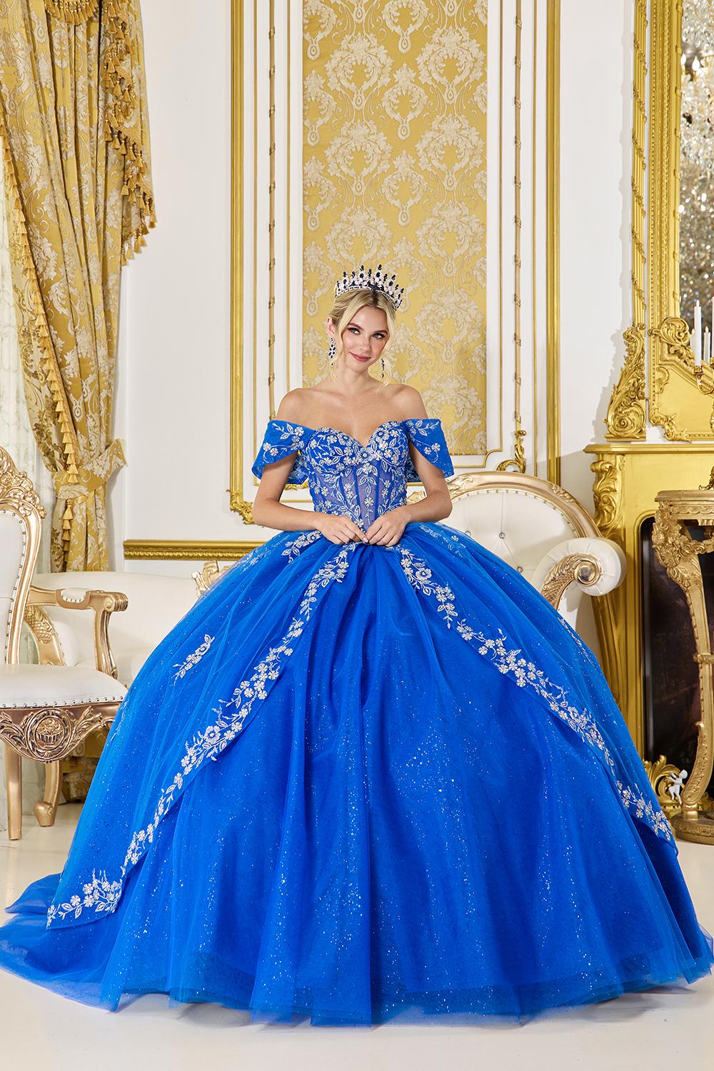 Quinceanera Dress with Off-Shoulder Sweetheart Neckline, Corset Bodice, Glitter Tulle Ball Gown Skirt, and Embroidered Floral Appliques - Style 5066