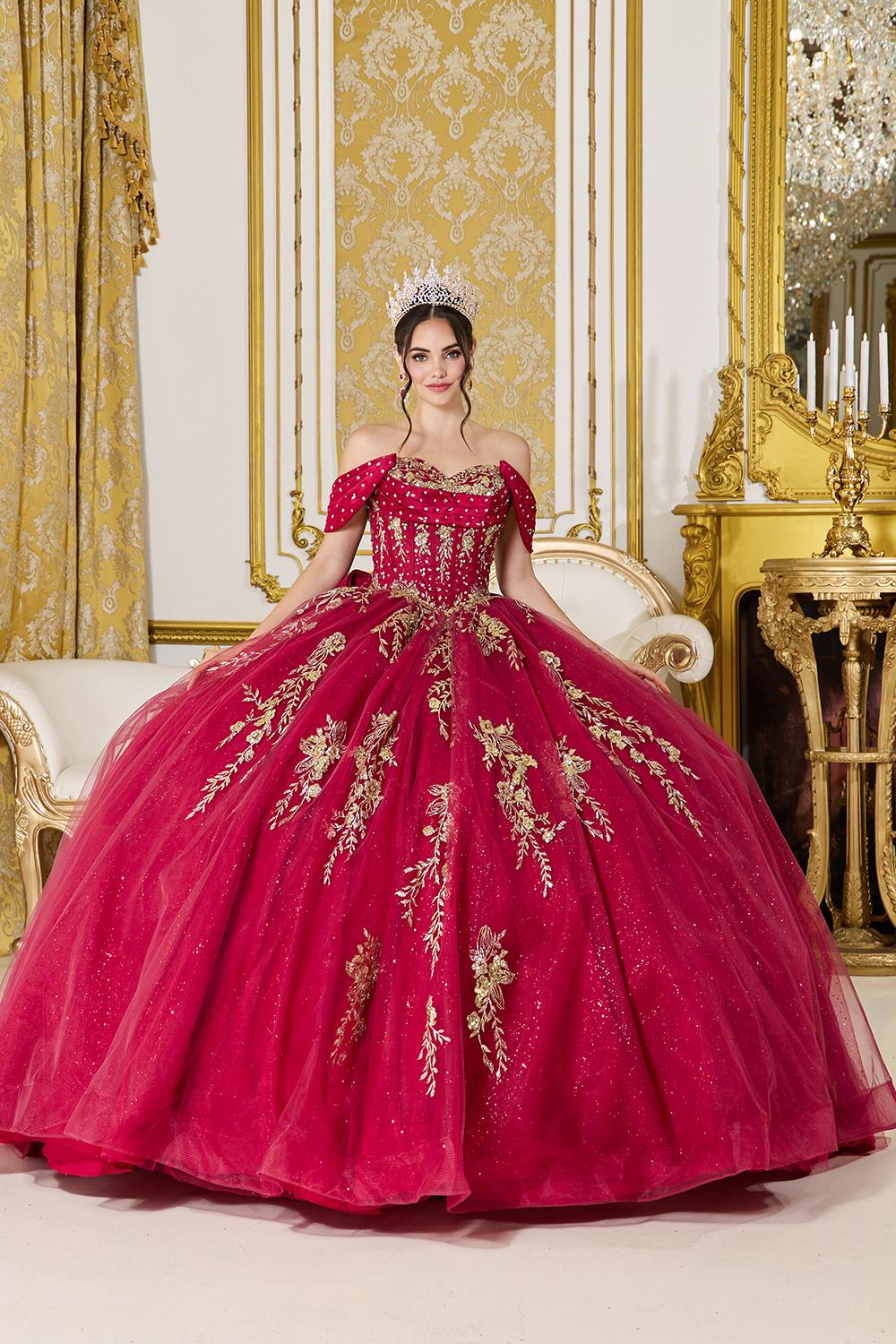 Quinceanera Dress with Off-Shoulder Sweetheart Neckline, Draped Satin Straps, Corset Bodice, Glitter Tulle Ball Gown Skirt, and Metallic Embroidered Appliques - Style 5067 image
