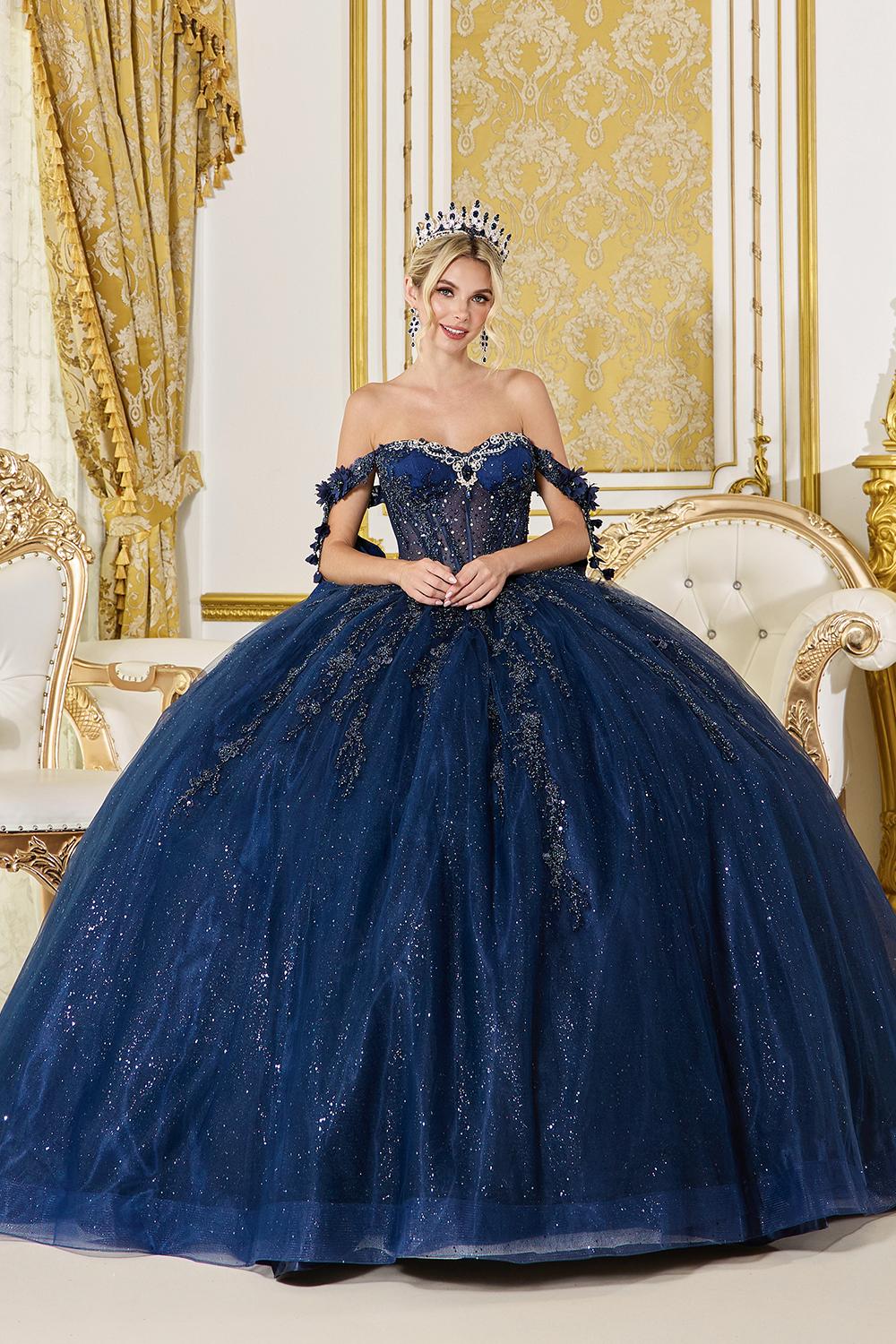 Off-Shoulder Quinceanera Dress with Sweetheart Neckline, Corset Bodice, 3D Floral Appliques, and Sparkling Tulle Ball Gown Skirt - Style 5083 image