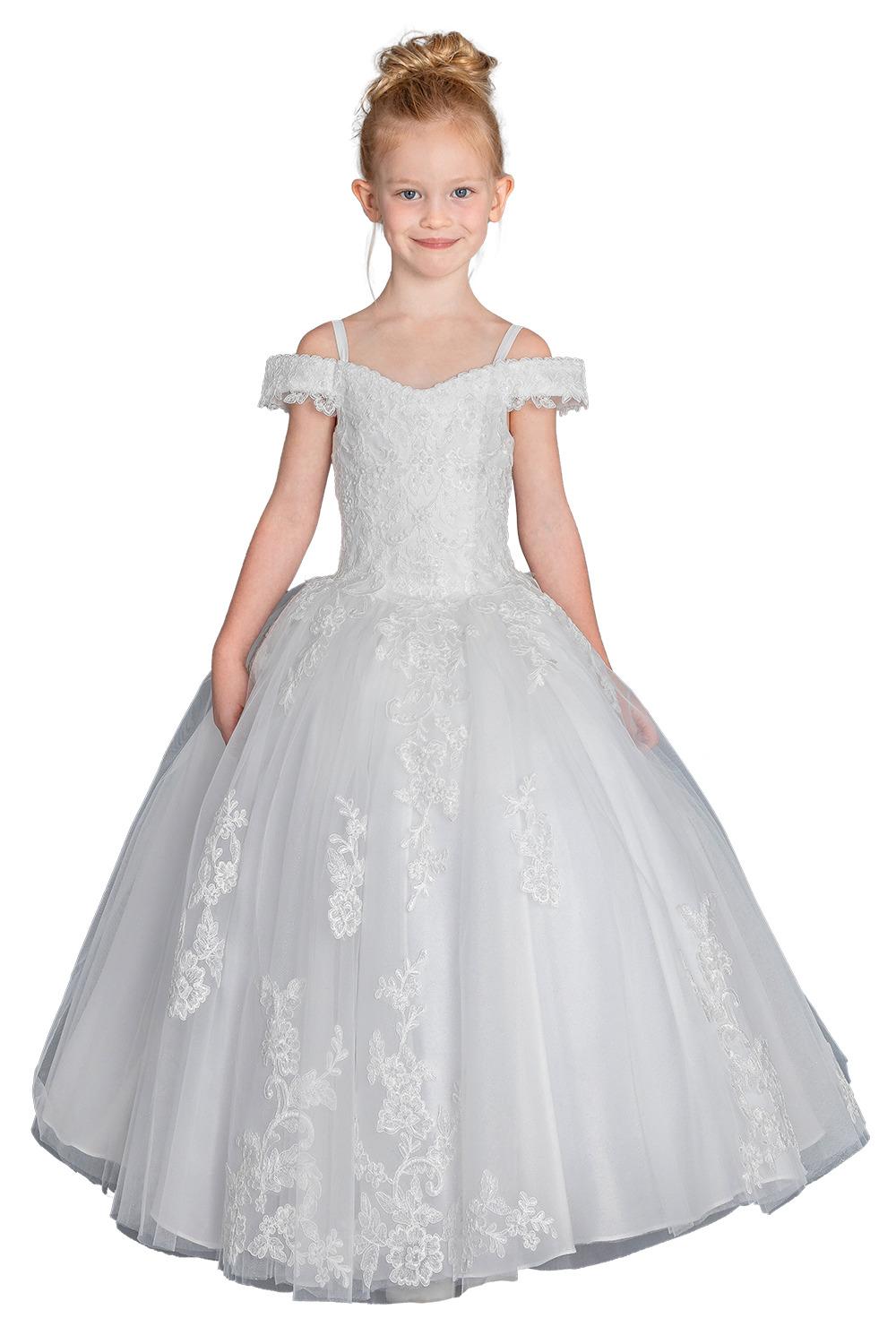 Mini Quinceanera Dress with Off-Shoulder Neckline, Lace Embroidered Bodice, Glitter Tulle Ball Gown Skirt, and Floral Appliques - Style K799OFFWHITE image