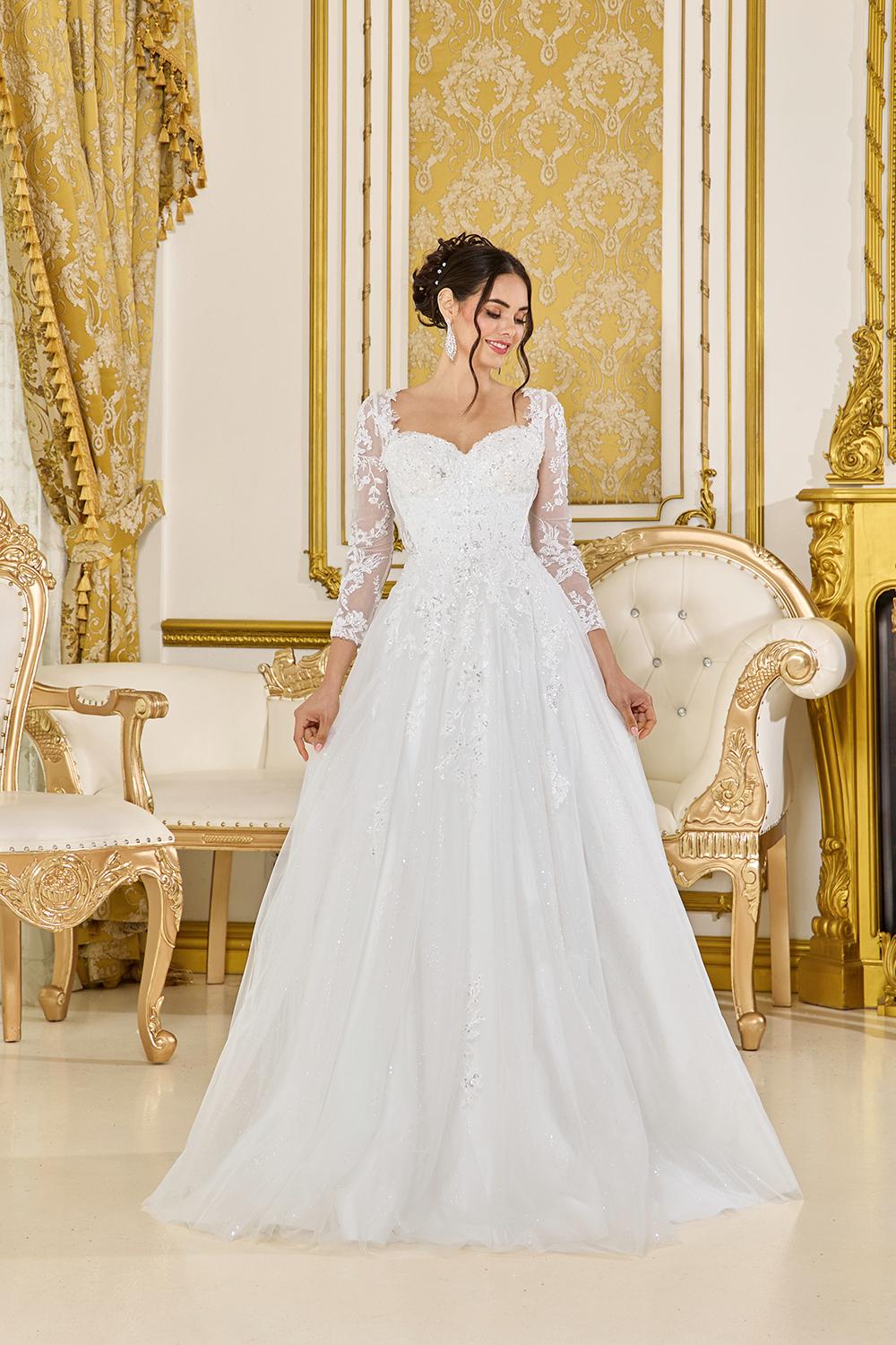Wedding Dress with Sweetheart Neckline, Sheer Lace Long Sleeves, and Flowing A-Line Tulle Skirt - Style 0316 image