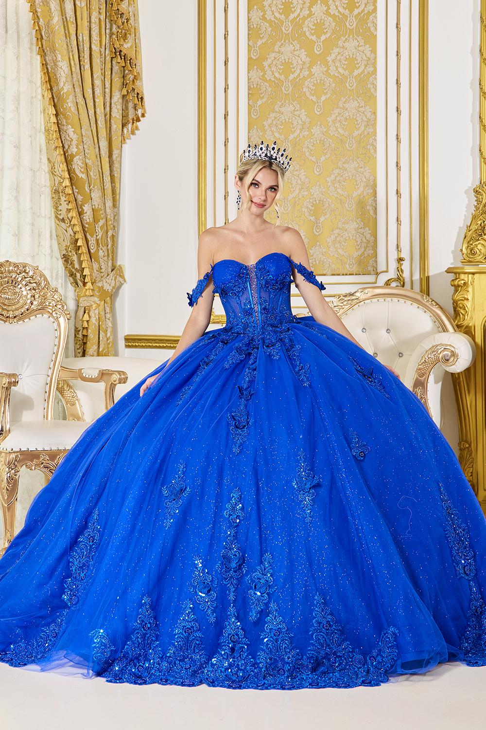 Quinceanera Dress with Off-Shoulder Floral Applique Sleeves, Sheer Corset Bodice, Embroidered Skirt Accents, and Elegant Ball Gown Silhouette - Style 5000 image