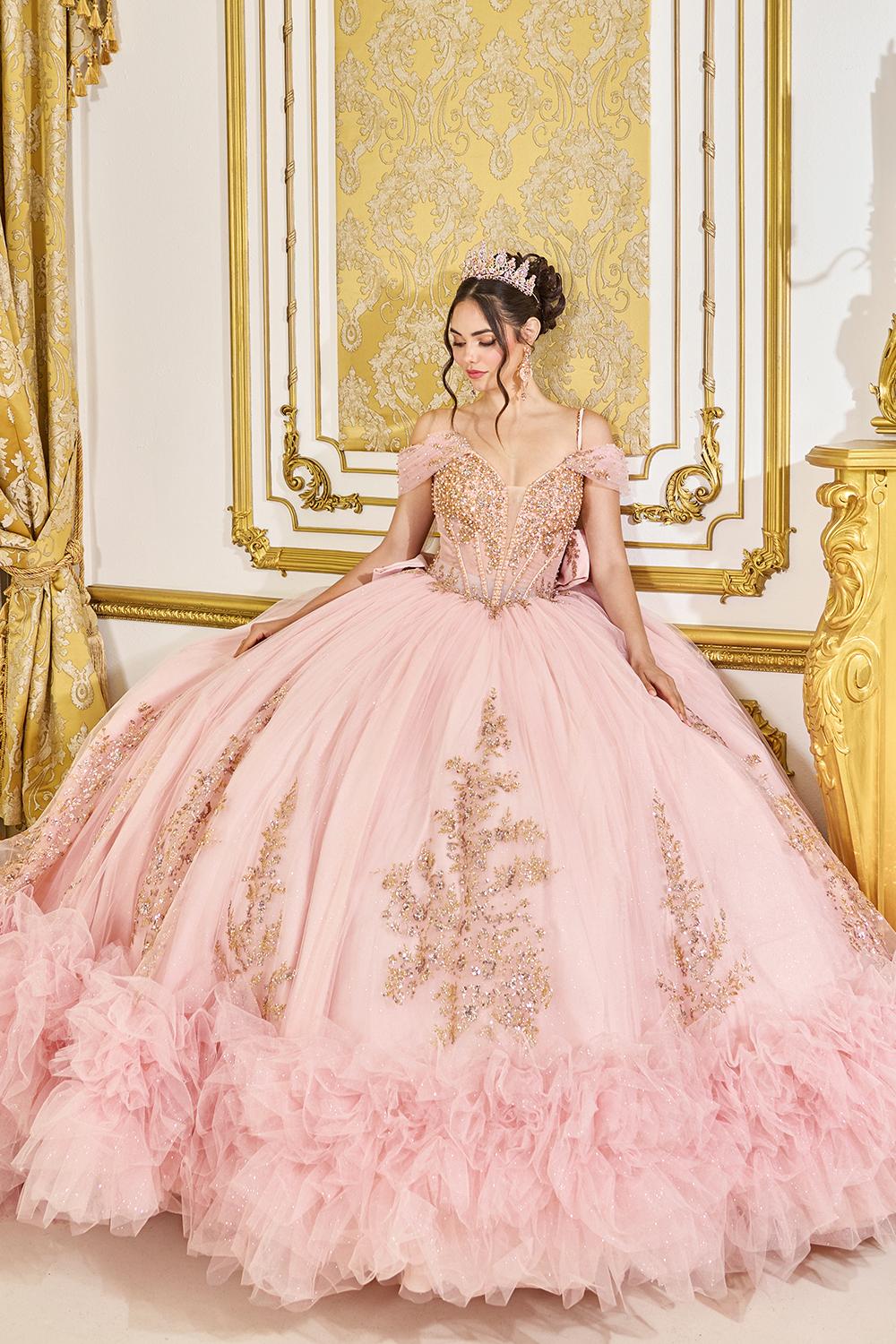 Off-the-Shoulder Spaghetti Quinceanera Dress Strap Ball Gown with Beaded Corset Bodice, Embroidered Skirt, and Tiered Ruffle Hem - Style 5070 image
