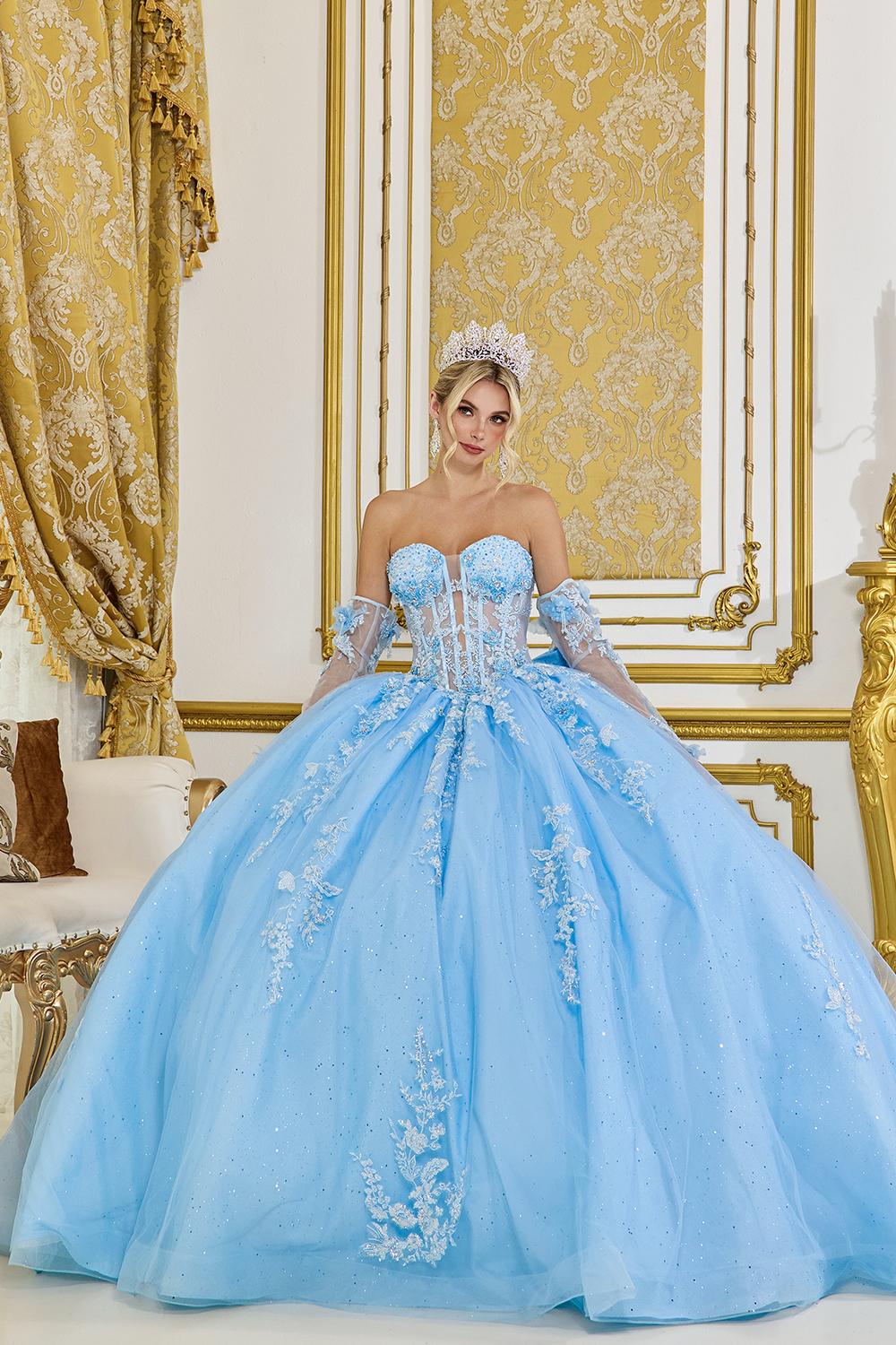 Quinceañera Ball Gown with Corset Bodice, Off-Shoulder Sleeves, and Embroidered Floral Appliques - Style 5081 image