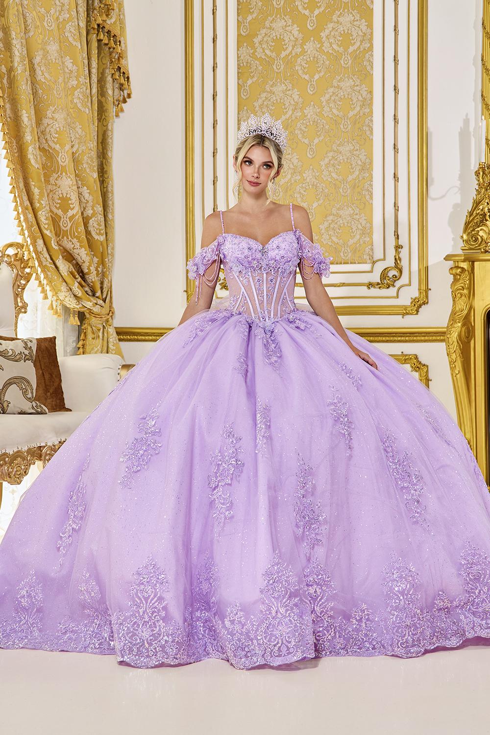 Quinceañera Dress with Off-Shoulder Floral Corset Bodice, Detachable Straps, and Embroidered Lace Tulle Skirt - Style 5093 image