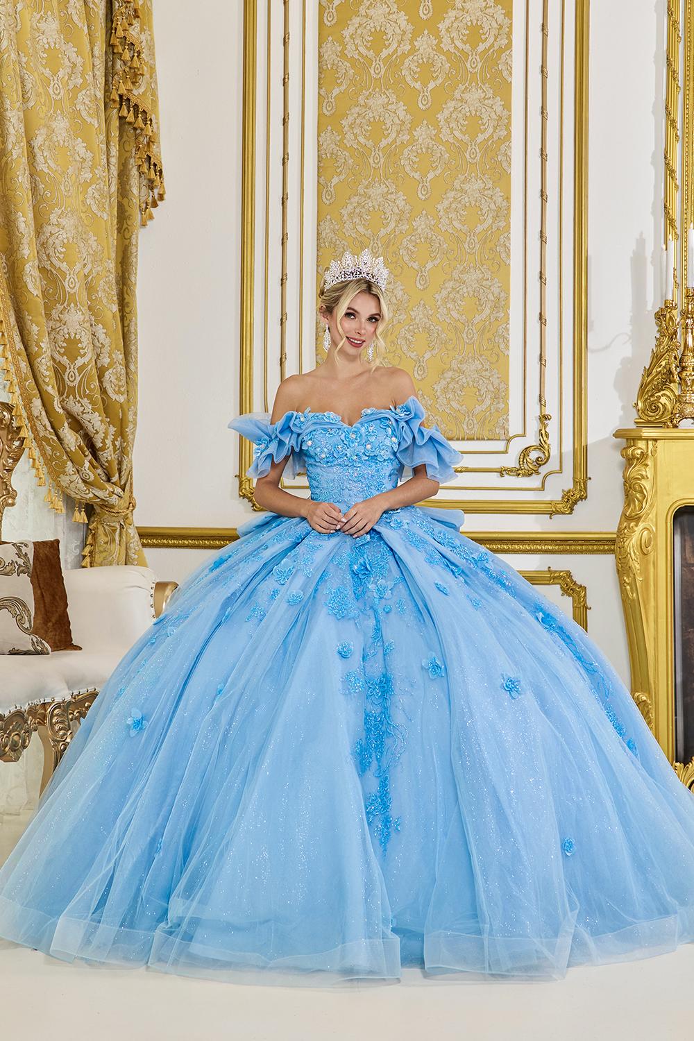 Off-Shoulder 3D Floral Applique Corset Bodice Layered Tulle Ball Gown with Ruffle Sleeves and Full Skirt Quinceanera Dress - Style 5103 image
