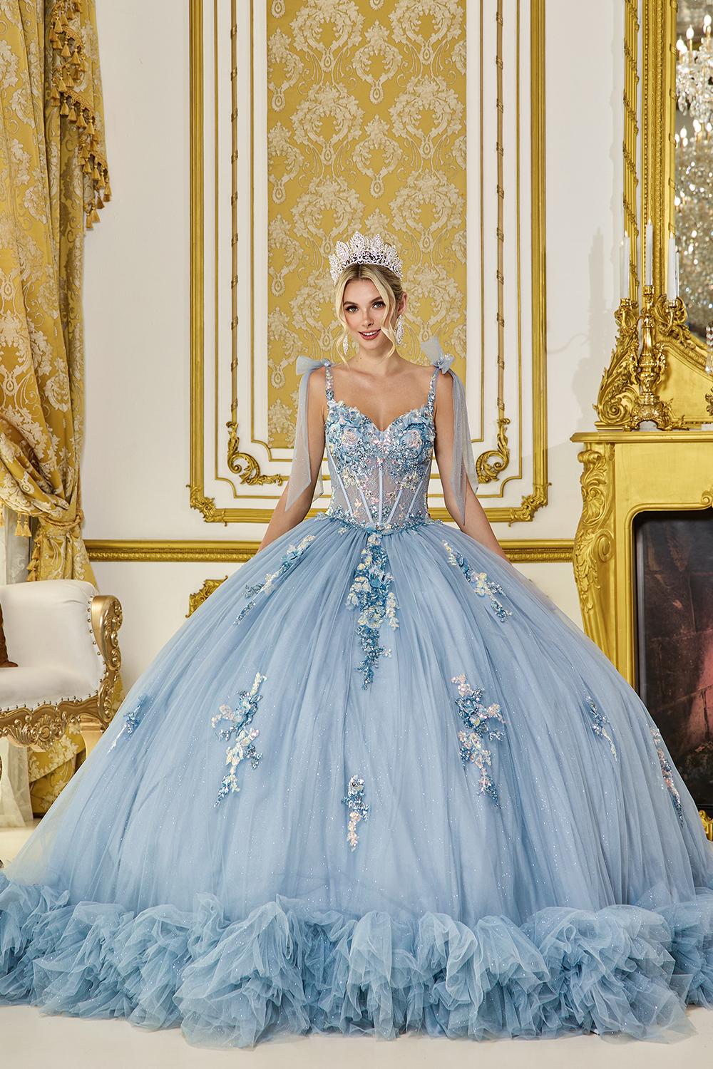 Quinceañera Dress with Floral Beaded Corset Bodice, Shoulder Straps, and Layered Ruffled Tulle Ball Skirt - Style 5104 image