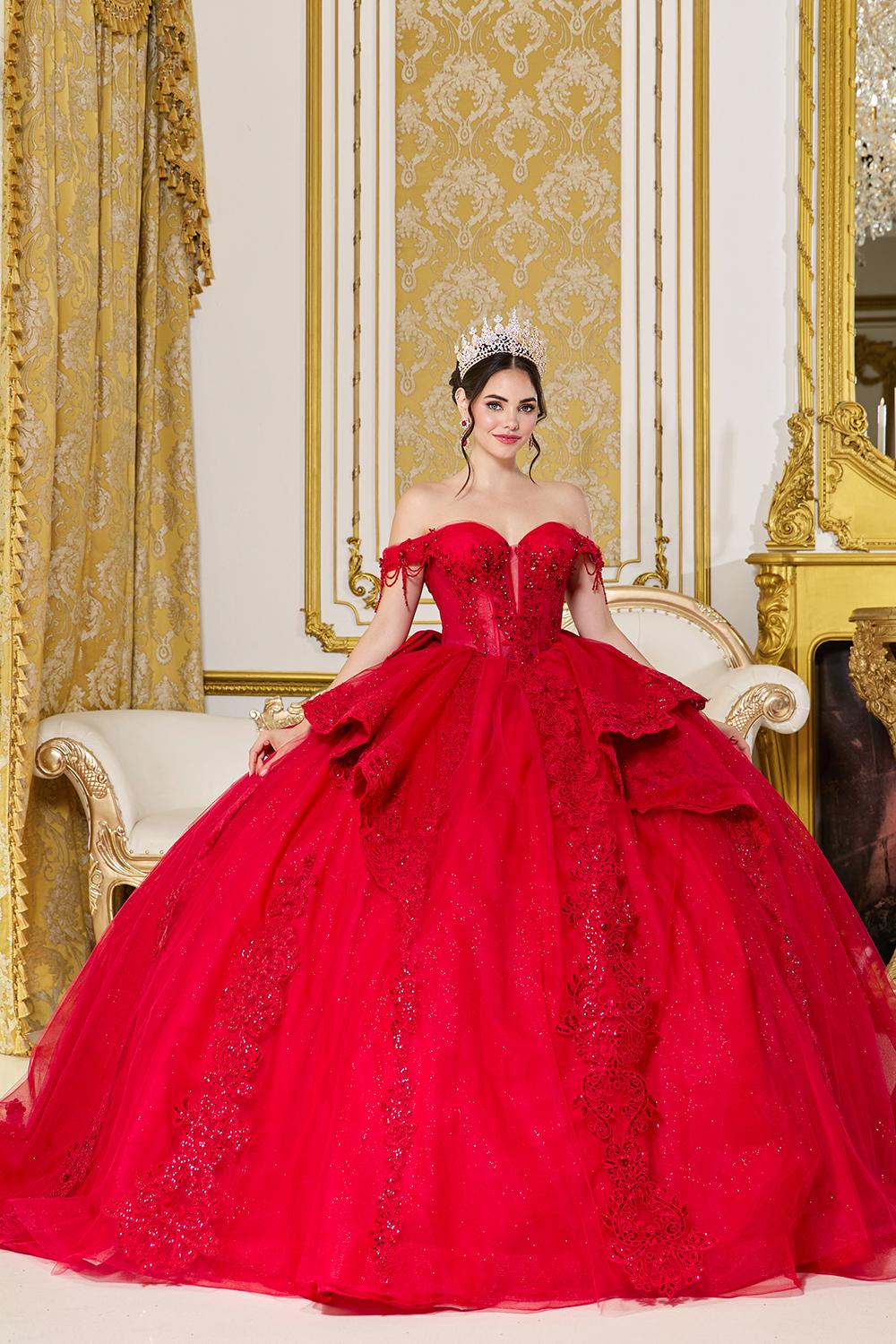 Off-the-Shoulder Quinceanera Dress Ball Gown with Deep Sweetheart Bodice, Ruffled Hip Accents, and Elaborate Lace Appliques - Style 5108 image
