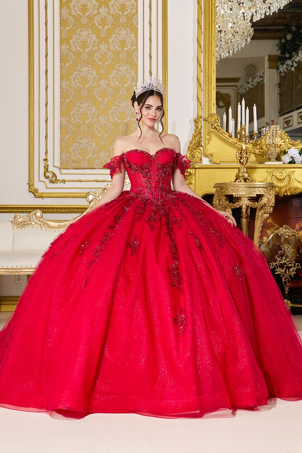 Off-the-Shoulder Ruffle Sleeve Corset Ball Gown Quinceanera Dress with Intricate Floral Applique and Shimmering Glitter Skirt - Style 5118 image