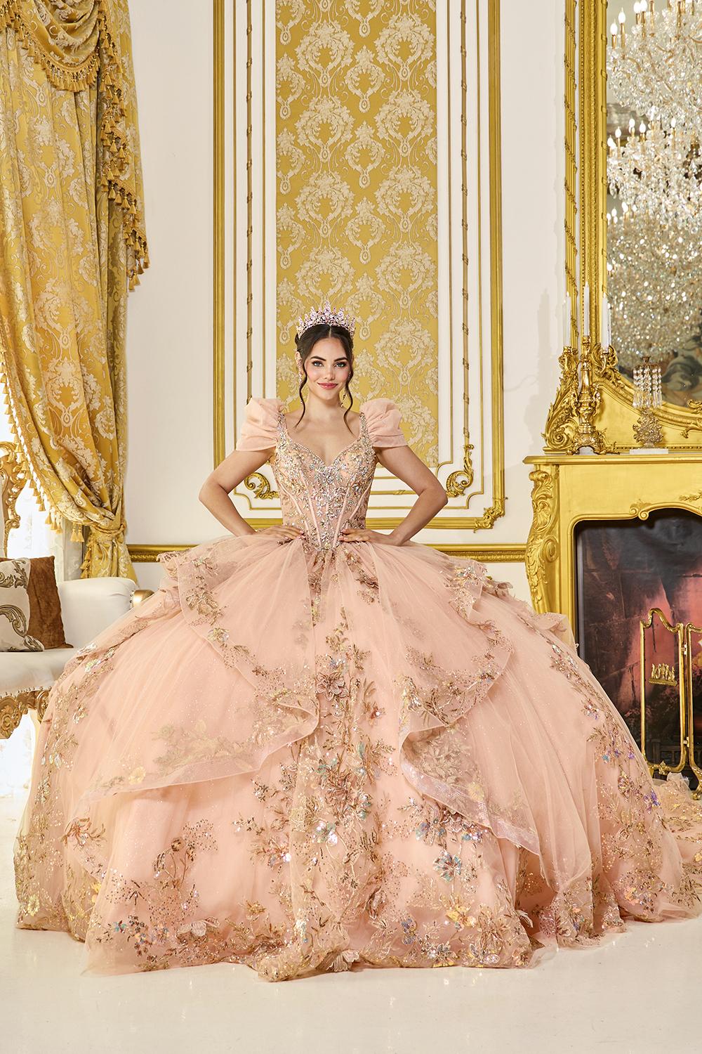 Ornate Glitter Floral Applique Ball Gown Quinceanera Dress with Ruffled Tiered Skirt and Detachable Cap Sleeves - Style 5130 image