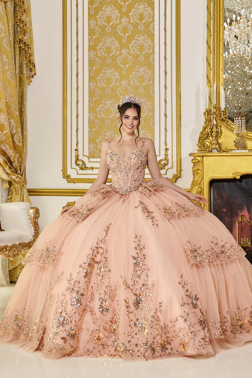 Embellished Ball Gown Quinceanera Dress with Beaded Corset Bodice, V-Neckline, Spaghetti Straps, and Layered Tulle Skirt - Style 5131 image