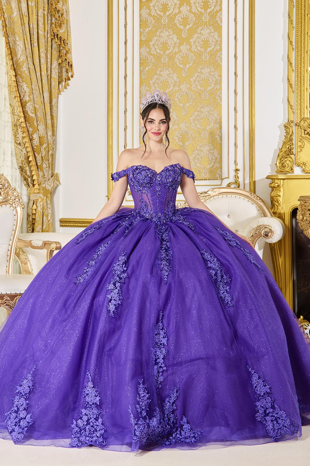 Off-the-Shoulder Sweetheart Corset Quinceanera Ball Gown with Lace Applique Bodice and Glitter Tulle Skirt - Style 5136 image