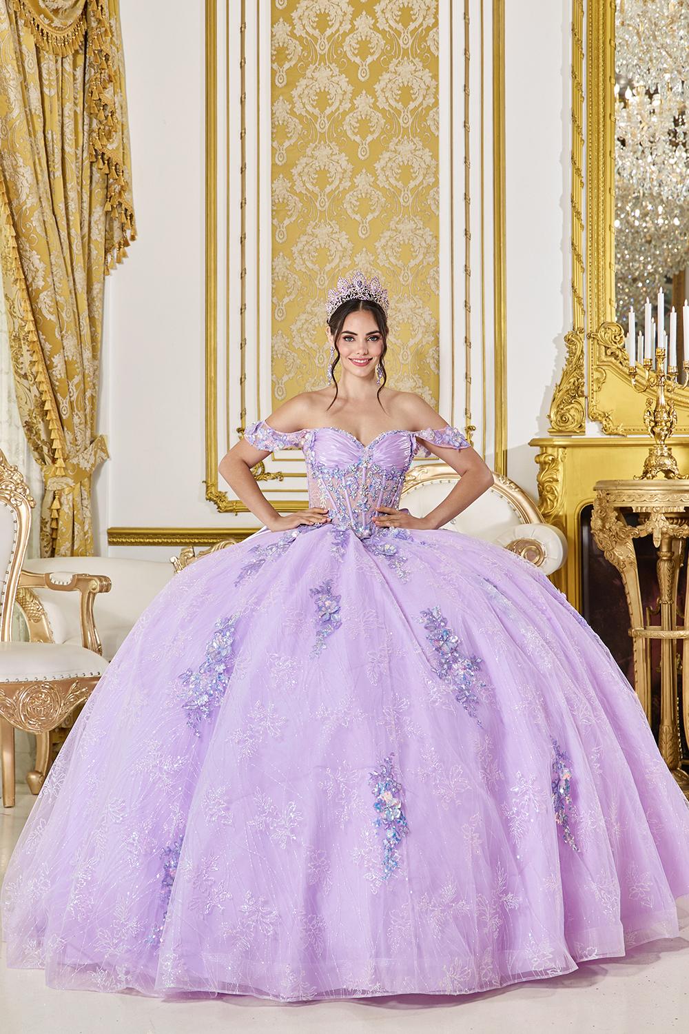 Off-Shoulder Corset Quinceanera Ball Gown with 3D Floral Appliques and Glitter Tulle Skirt - Style 5140 image