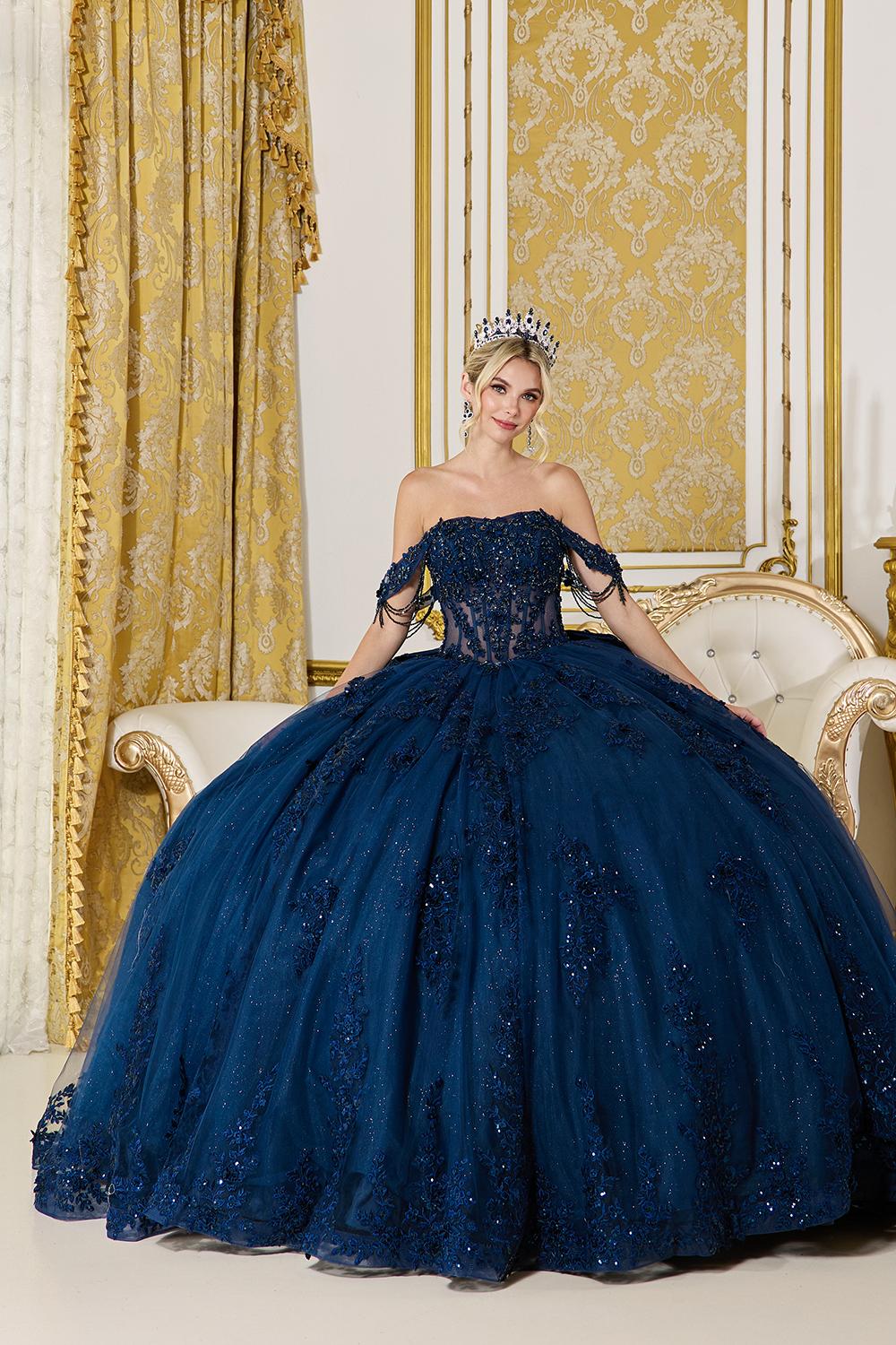 Off-Shoulder Embellished Corset Quinceanera Ball Gown with 3D Appliques and Full Glitter Tulle Skirt - Style 5141 image