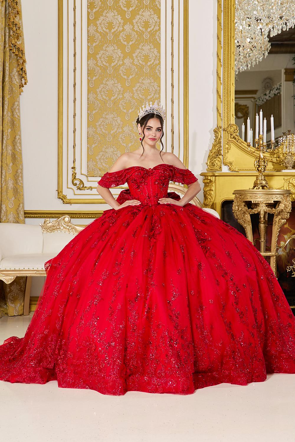 Off-the-Shoulder Sweetheart Corset Quinceneara Dress with Glitter Tulle Ball Gown Skirt and Floral Lace Applique - Style 5146 image