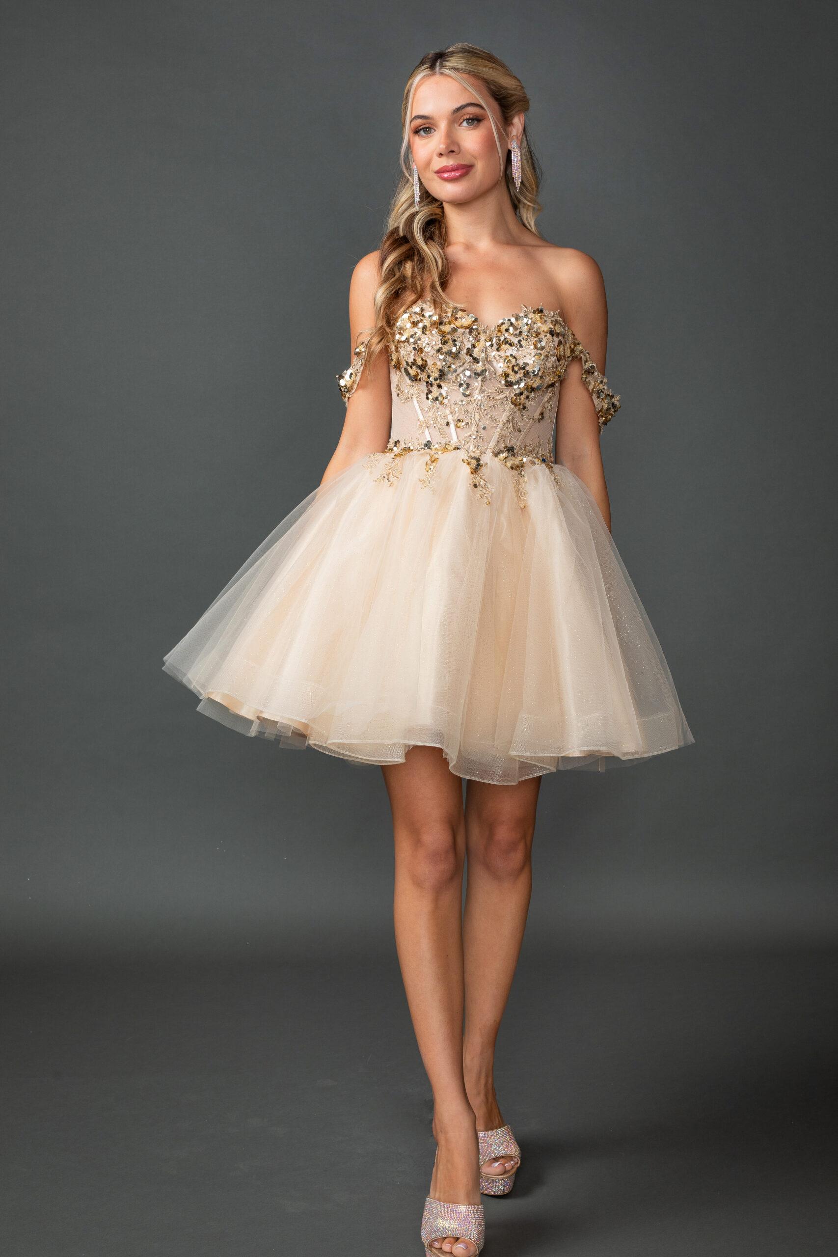 Homecoming Dress with Off-Shoulder Design, Sequined Corset Bodice, Layered Tulle Skirt, and Glitter Accents - Style 3408 image