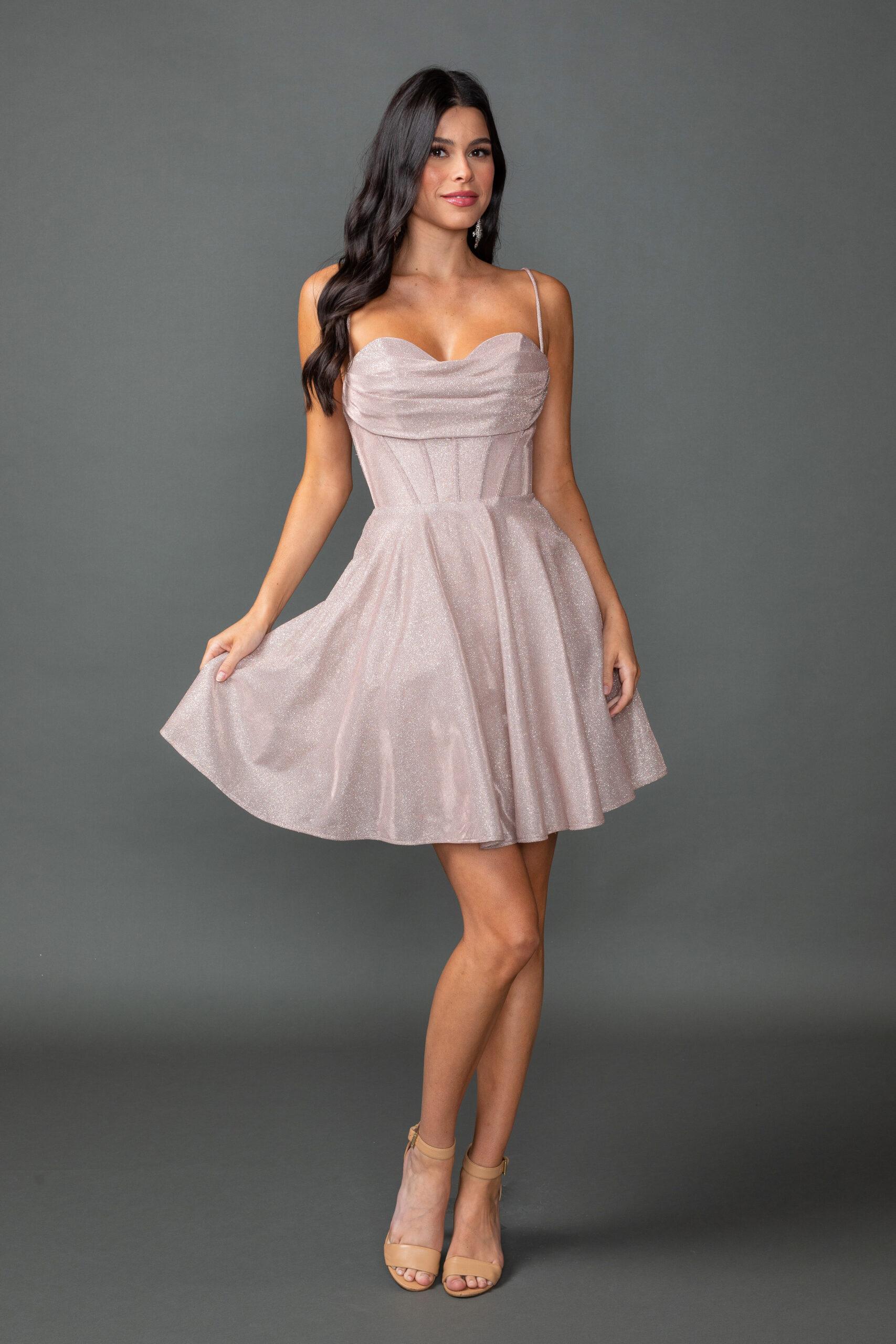 Spaghetti Strap Glitter Homecoming Dress with Draped Sweetheart Neckline and A-Line Skirt - Style 3421