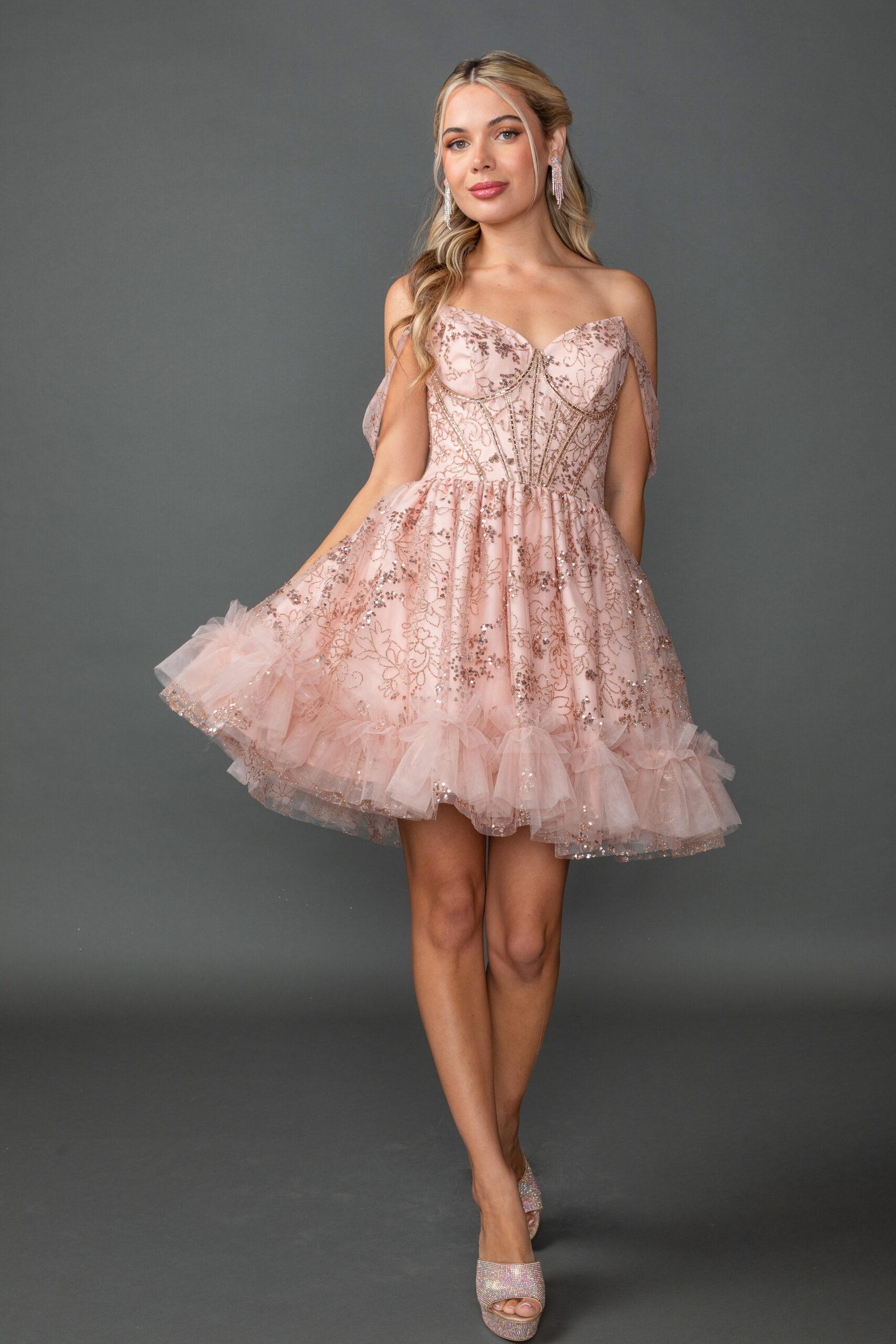 Off-the-Shoulder Tulle Homecoming Dress with Embroidered Corset Bodice and Ruffled A-Line Skirt - Style 3422 image