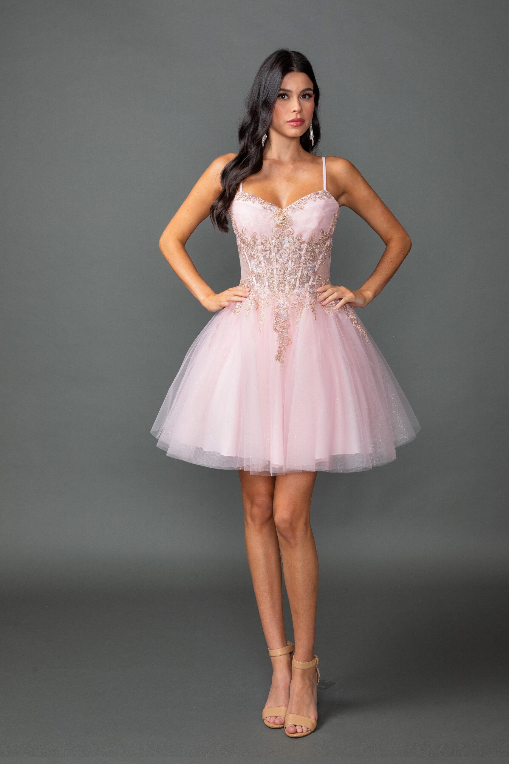 Beaded Glitter Homecoming Dress with Sheer Corset Bodice, Spaghetti Straps, and Ruched Side Slit Skirt - Style 3424 image