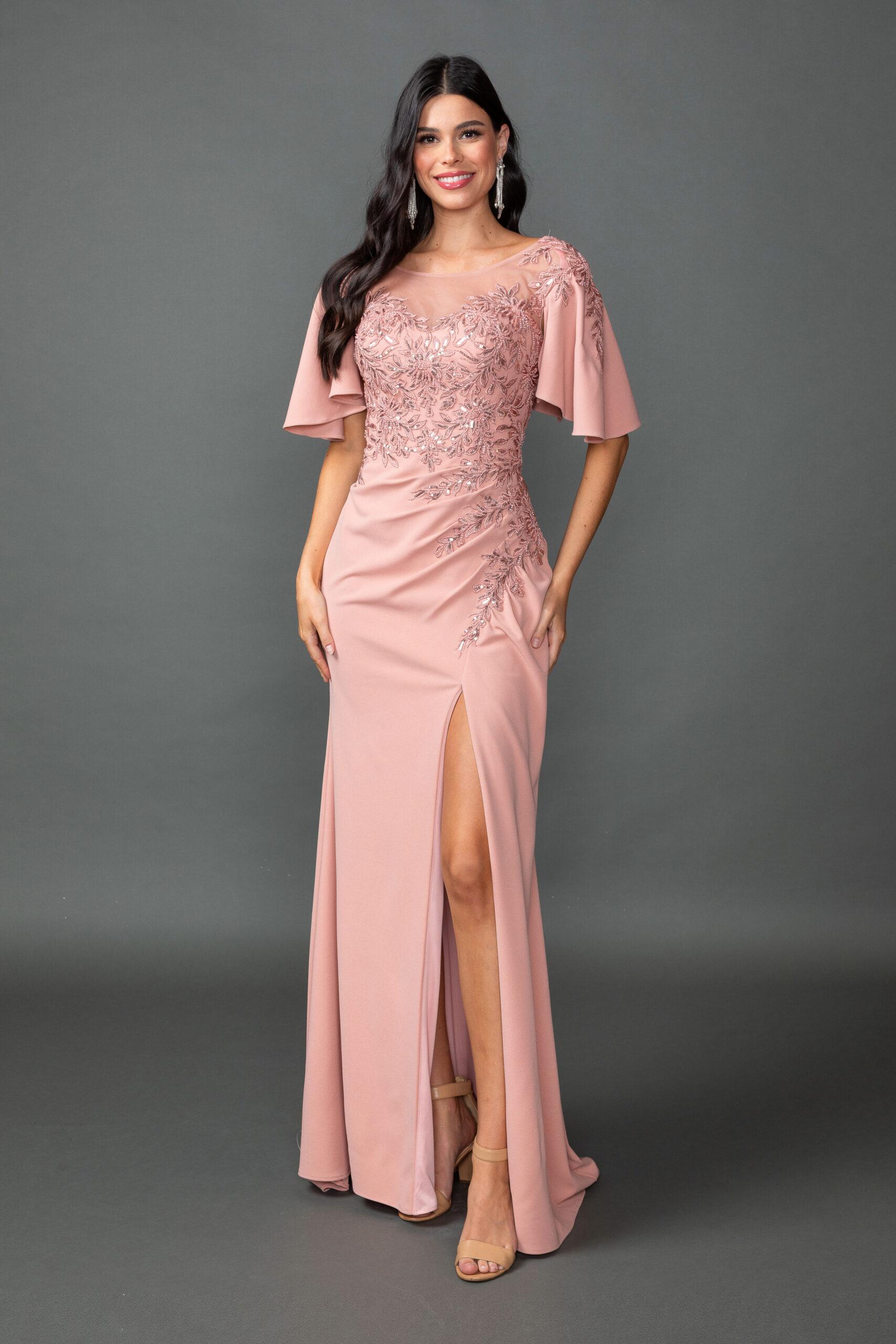 Embellished Bodice Prom Dress with Illusion Neckline, Flutter Sleeves, Fitted Silhouette, and High Slit - Style 4549 image
