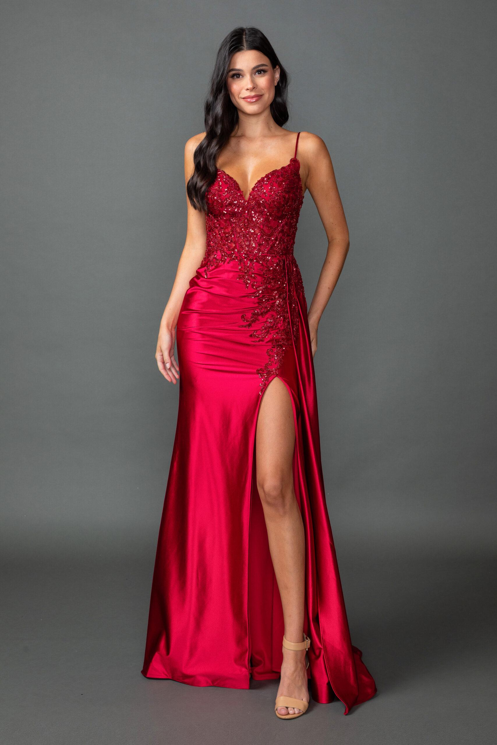 Sequin Applique Bodice Prom Dress with Spaghetti Straps, Ruched Detail, and High Leg Slit - Style 4552 image