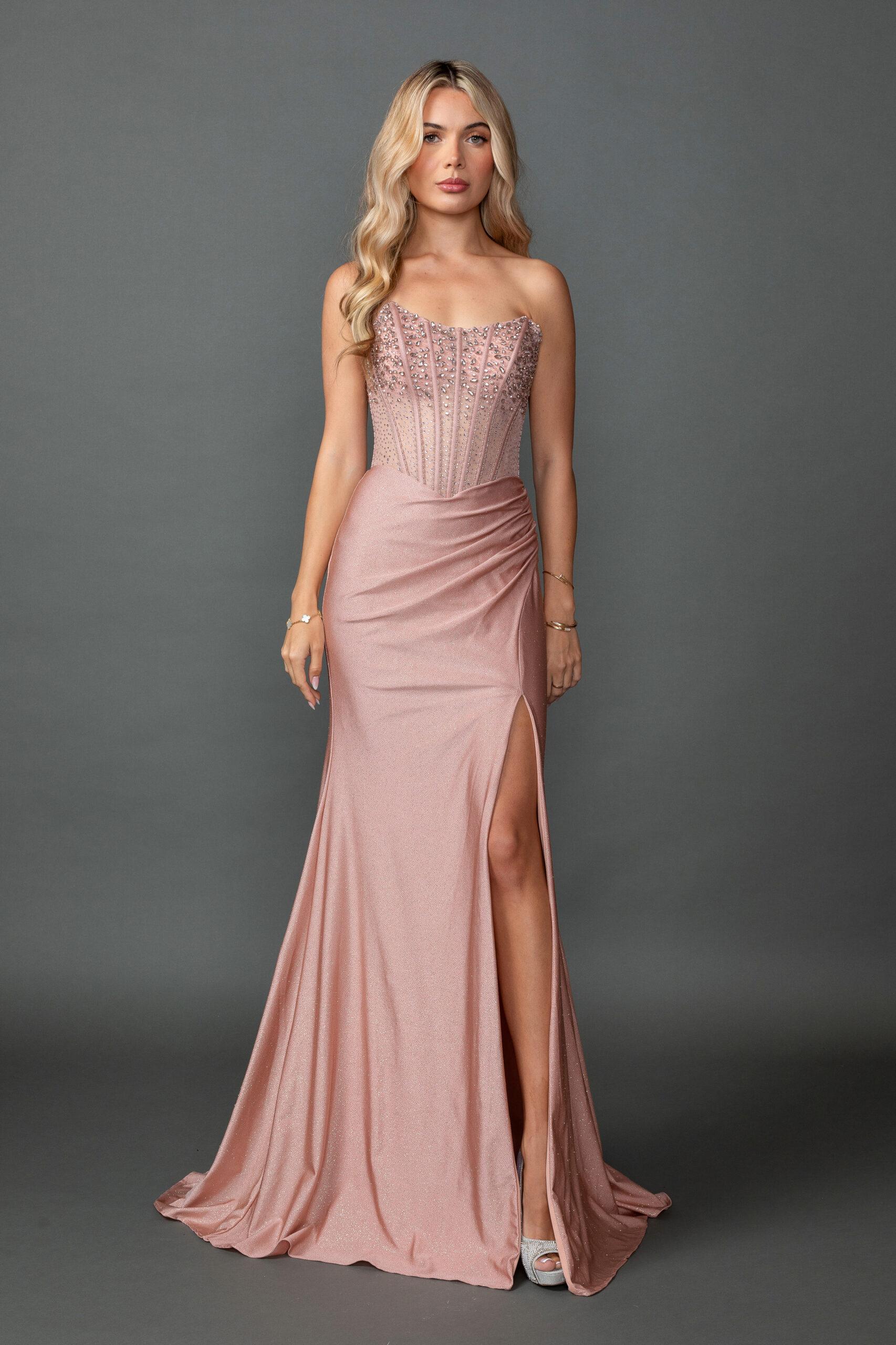 Strapless Embellished Corset Bodice Draped Satin Fitted Prom Dress with High Slit and Train - Style 4573