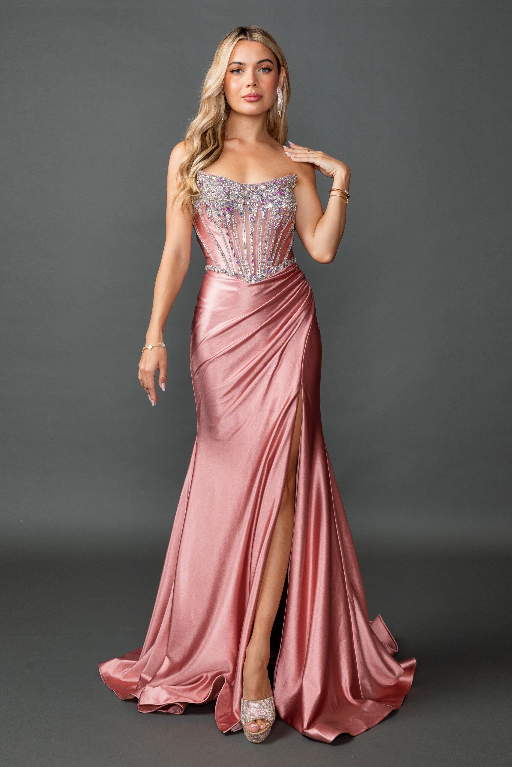 Strapless Satin Prom Dress with Embellished Corset Bodice, Draped Skirt, and High Slit - Style 4580 image