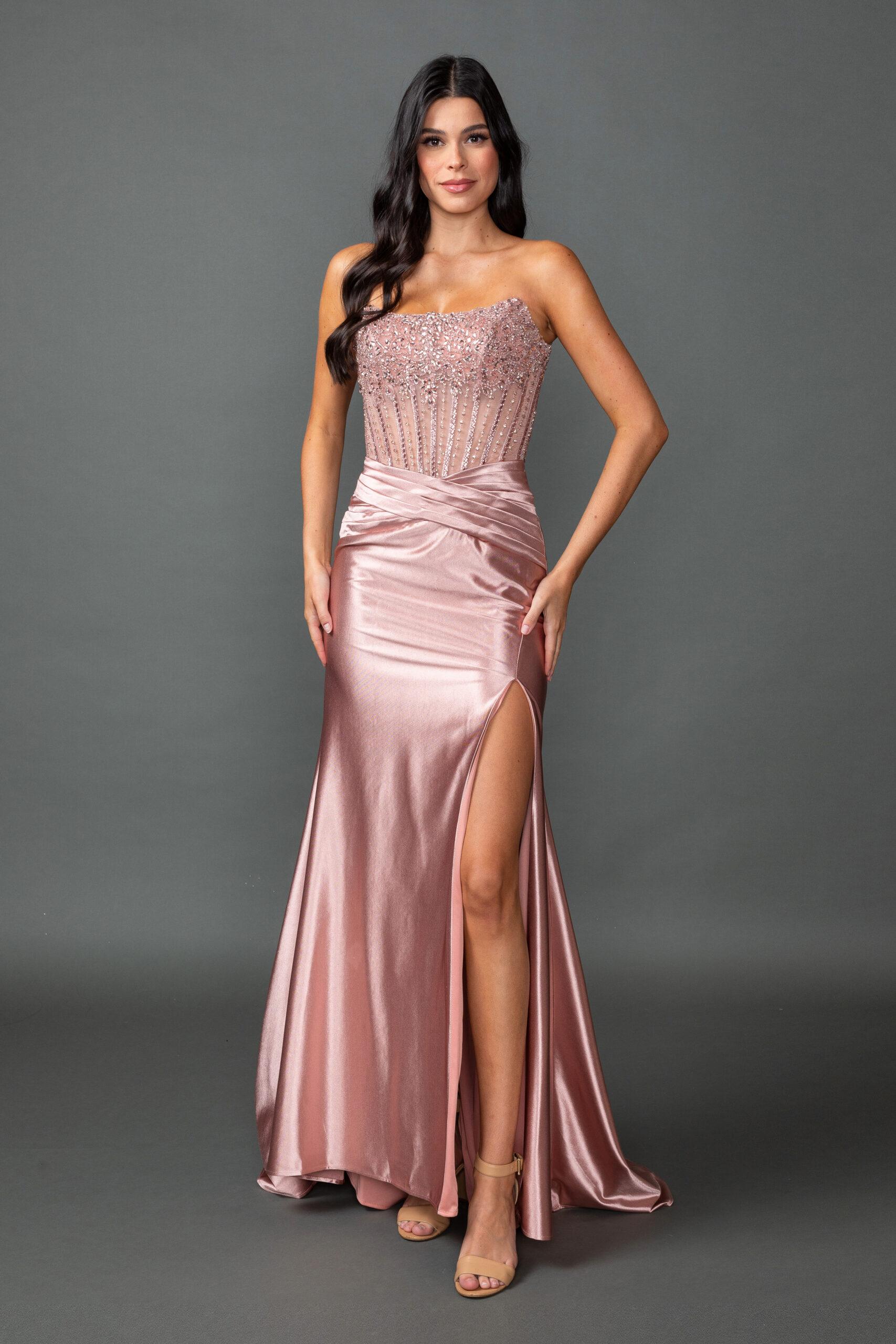 Strapless Embellished Corset Bodice Satin Prom Dress with Draped Waist and High Slit - Style 4592 image