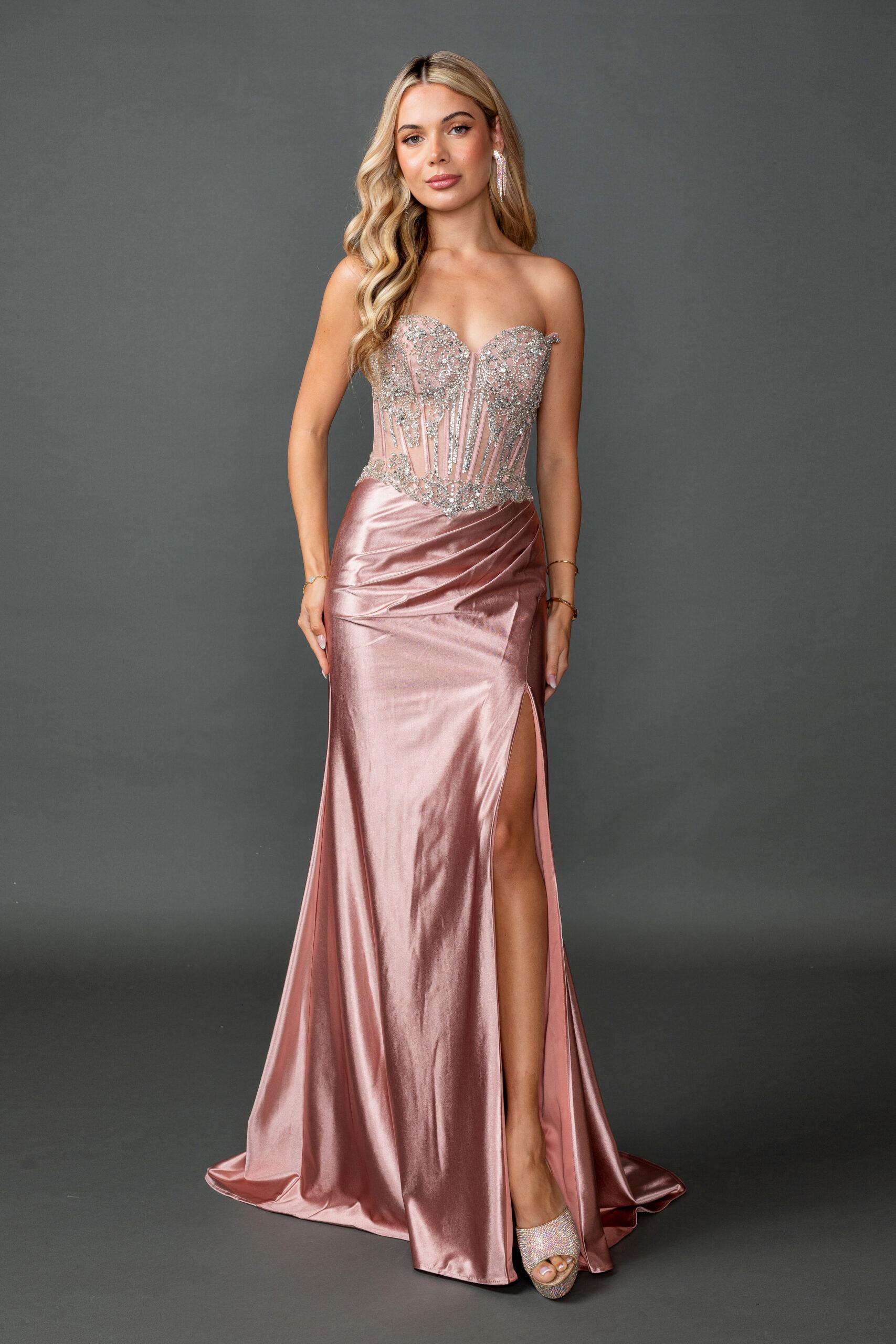 Strapless Embellished Corset Bodice Satin Prom Dress with Draped Waist and High Slit Floor-Length Silhouette - Style 4594 image