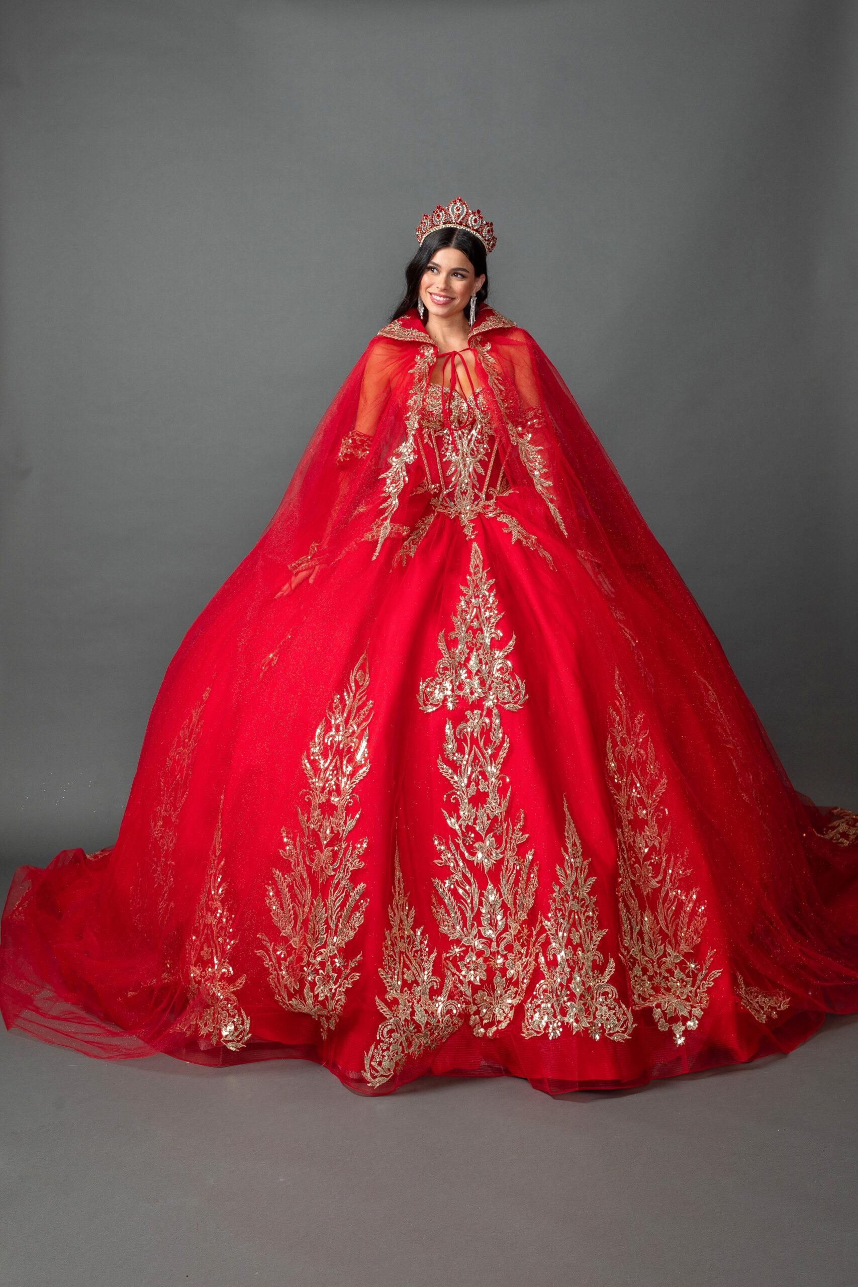 Off-Shoulder Ball Gown Quinceanera Dress with Embroidered Corset Bodice, Ornate Applique, and Detachable Hooded Cape with Full Tulle Skirt - Style 5161