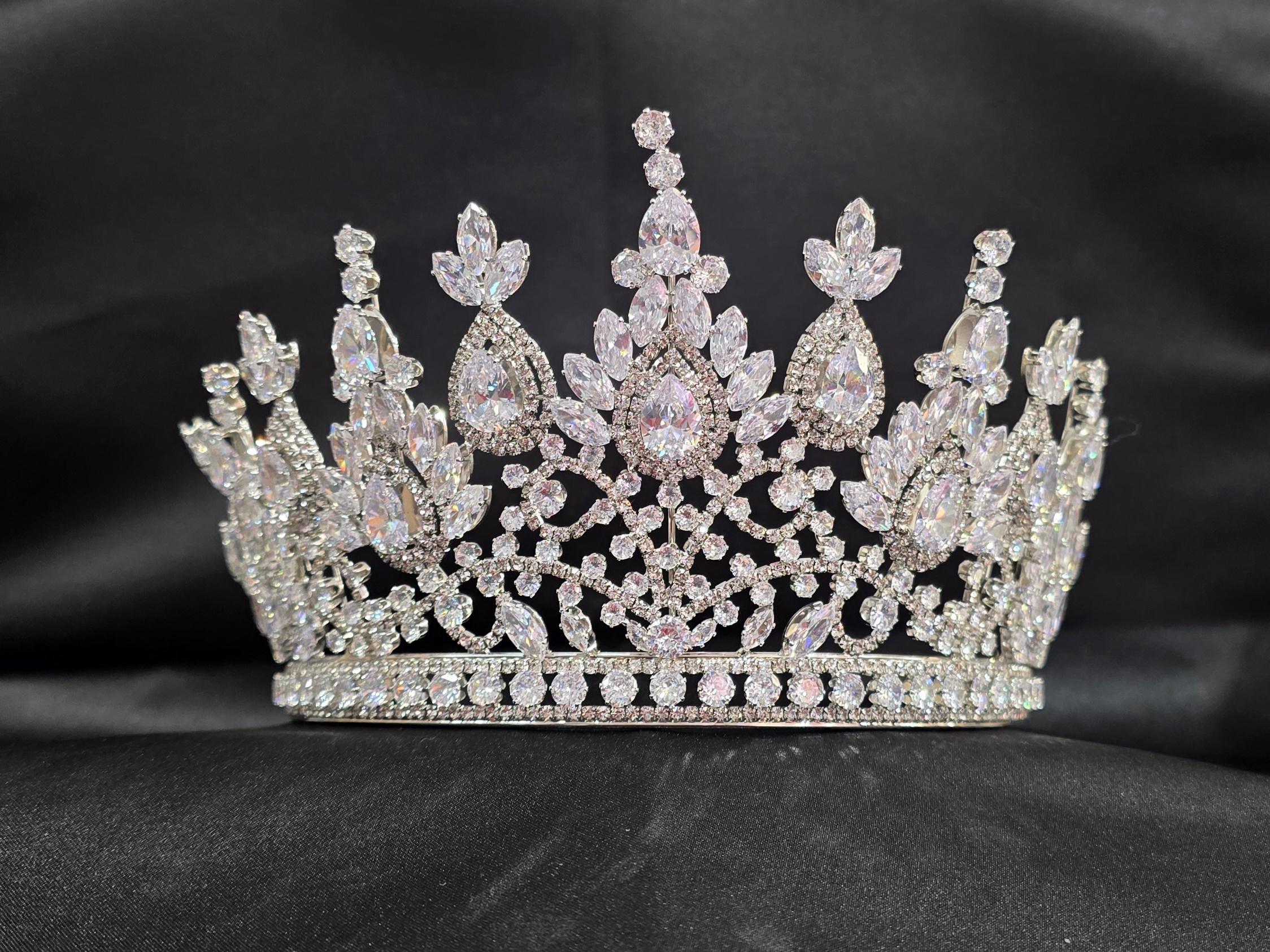 Multi-Layer Crystal CROWN Tiara with Teardrop Accents, Full Stone Coverage, and Ornate Frame - Style CR1020 image