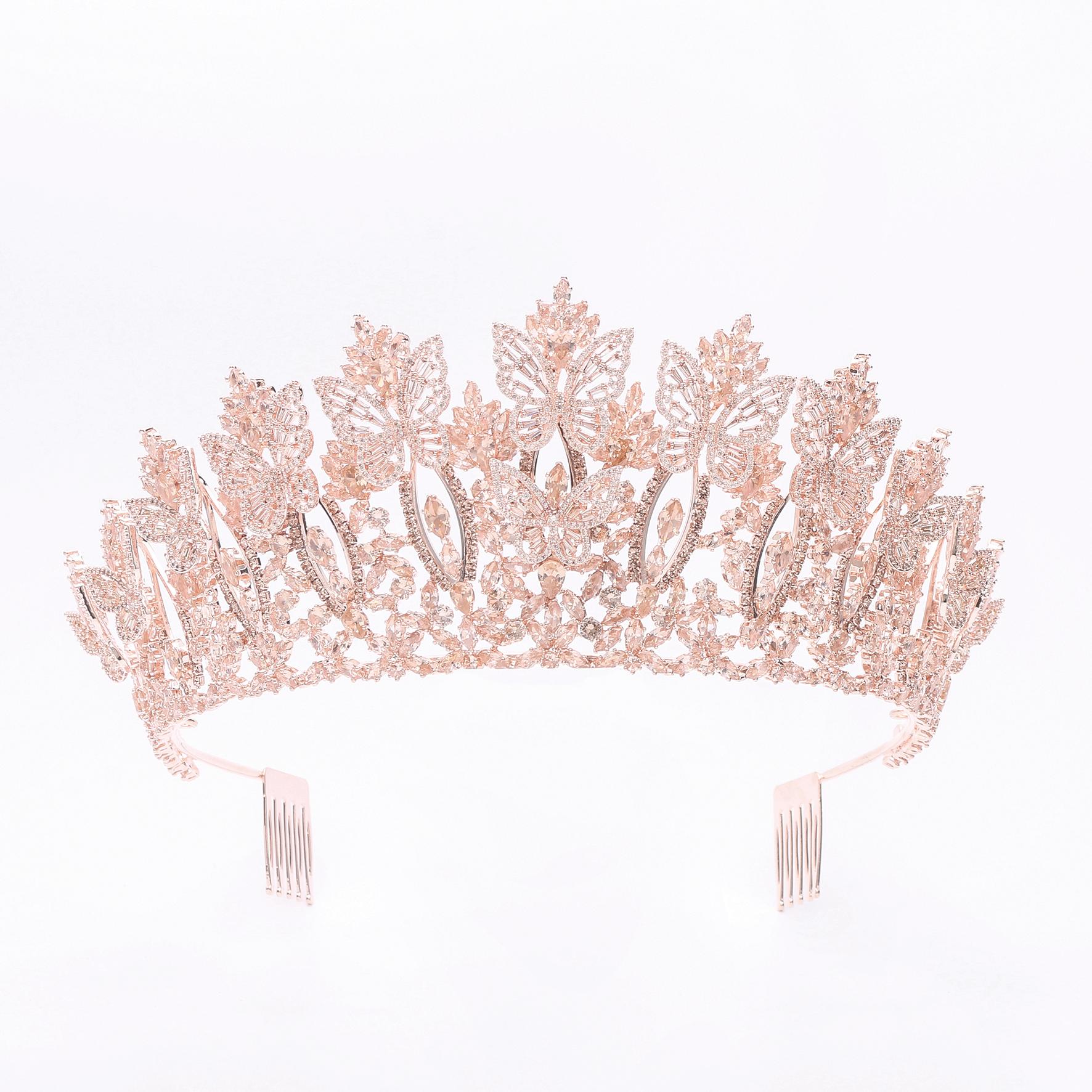 Intricate Crystal Crown Tiara with Detailed Leaf and Butterfly Motifs and Secure Combs - Style CR1015 image