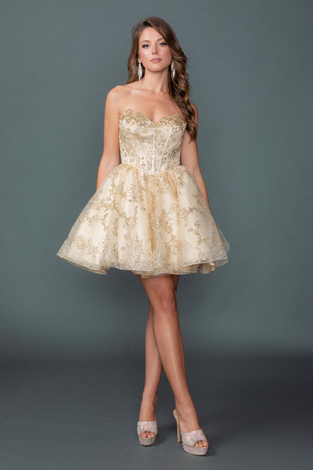 Homecoming Dress with Off-Shoulder Design, Sequined Corset Bodice, Layered Tulle Skirt, and Glitter Accents - Style 3436