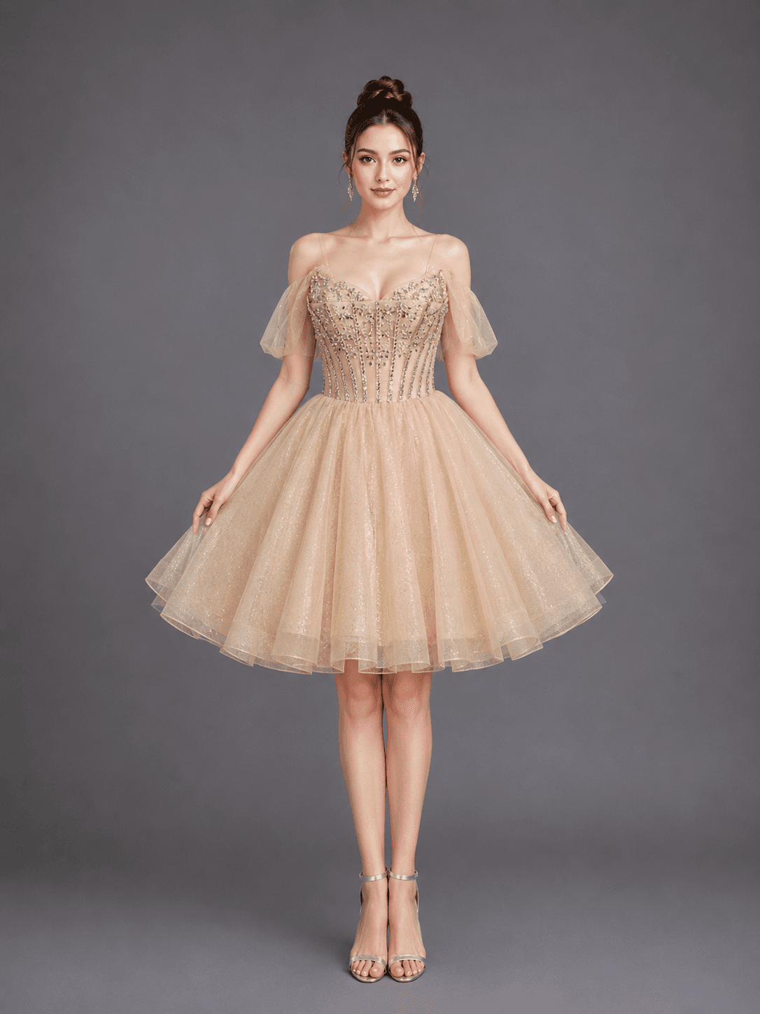 Spaghetti Strap Homecoming Dress with Beaded Illusion Corset Bodice, Sheer Puff Sleeves, Glitter Tulle Skirt, and Fit-and-Flare Silhouette - Style 3438 image